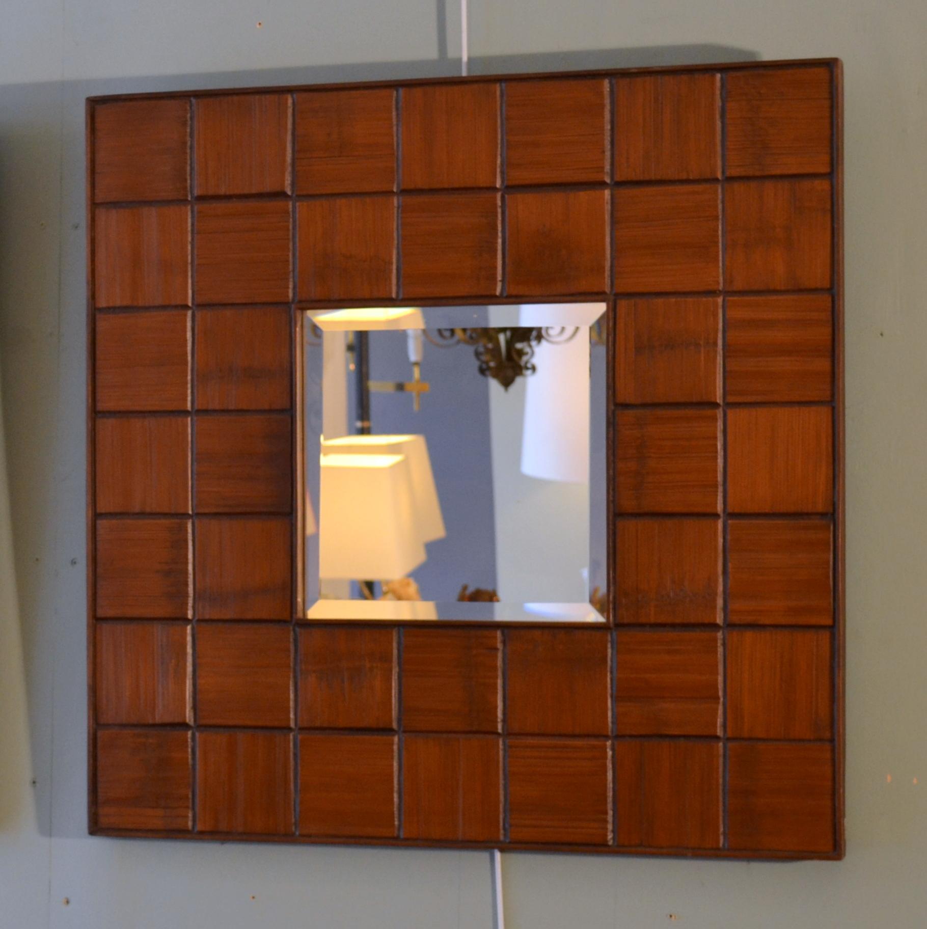 Pair of Square Walnut Relief Mirrors, 1960s, Italiy For Sale 6