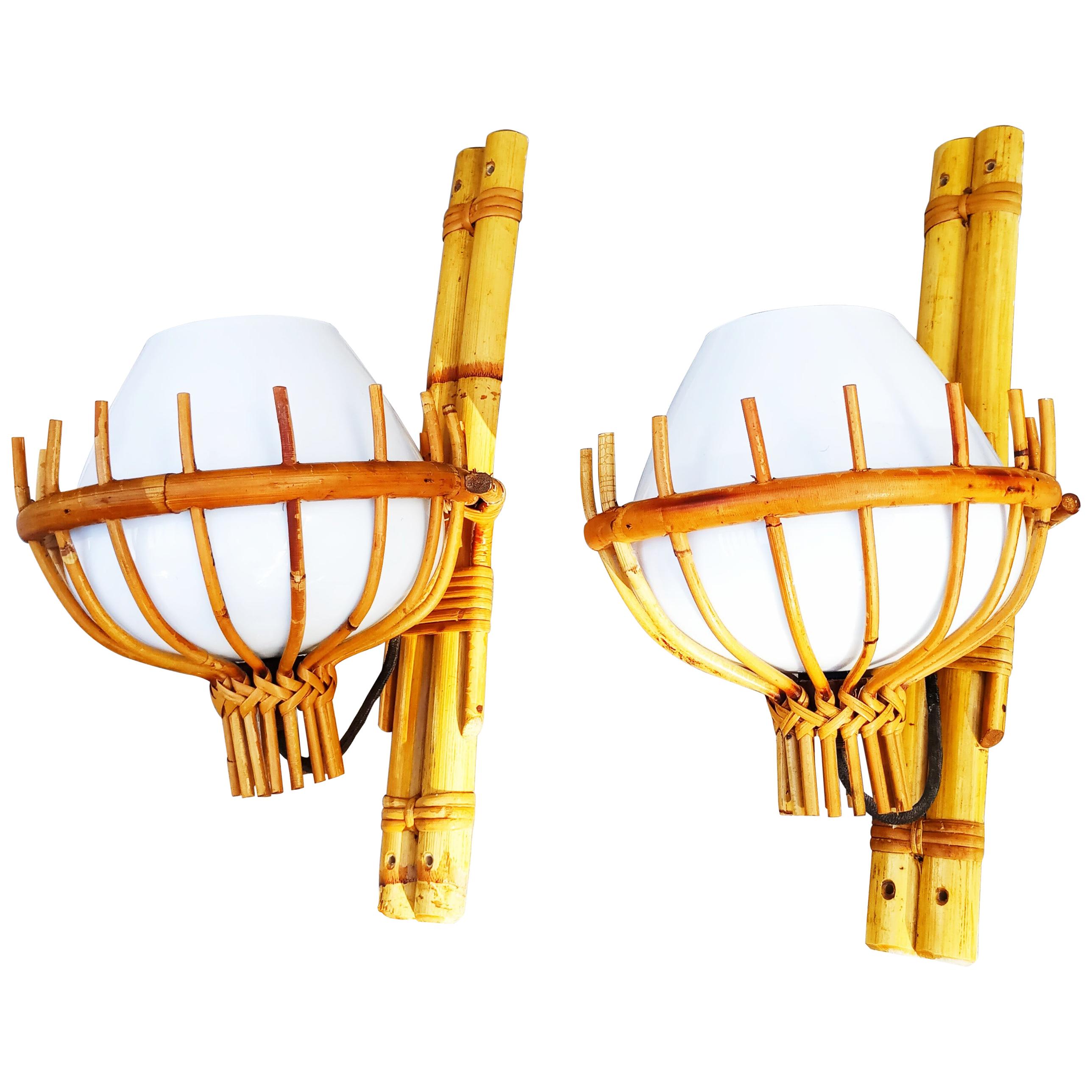 Pair of 1960s Italian Rattan and Murano Glass Sconces