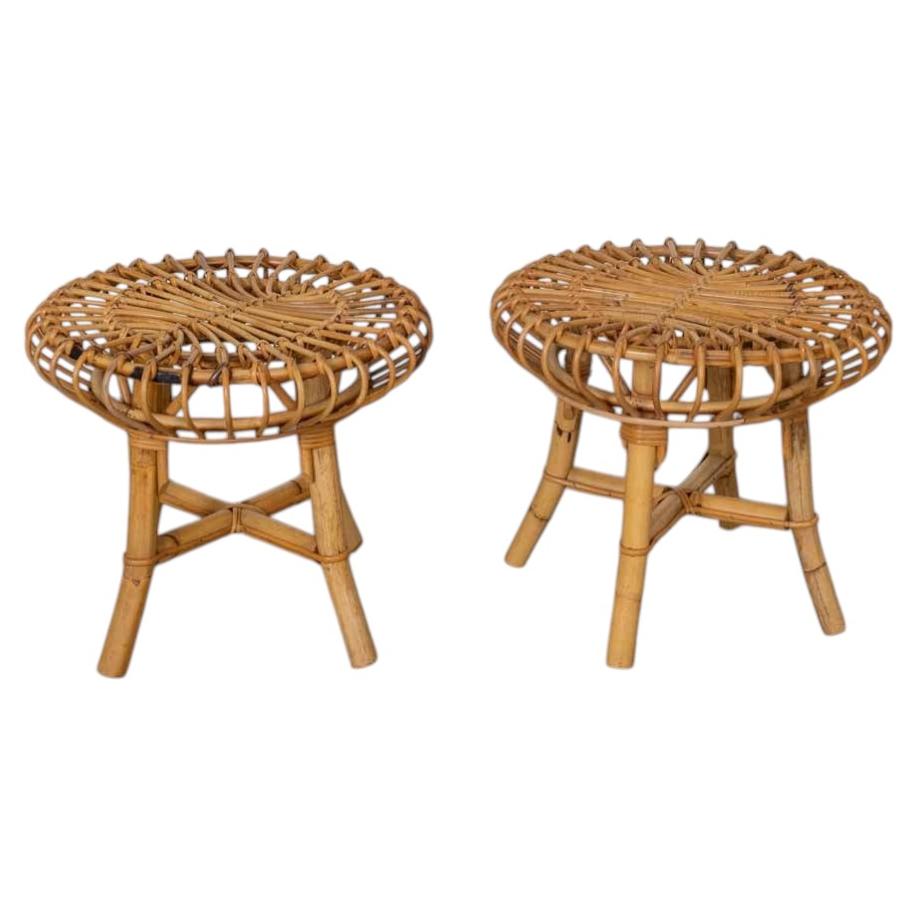 Pair of 1960s Italian Rattan Stools in the Style of Franco Albini