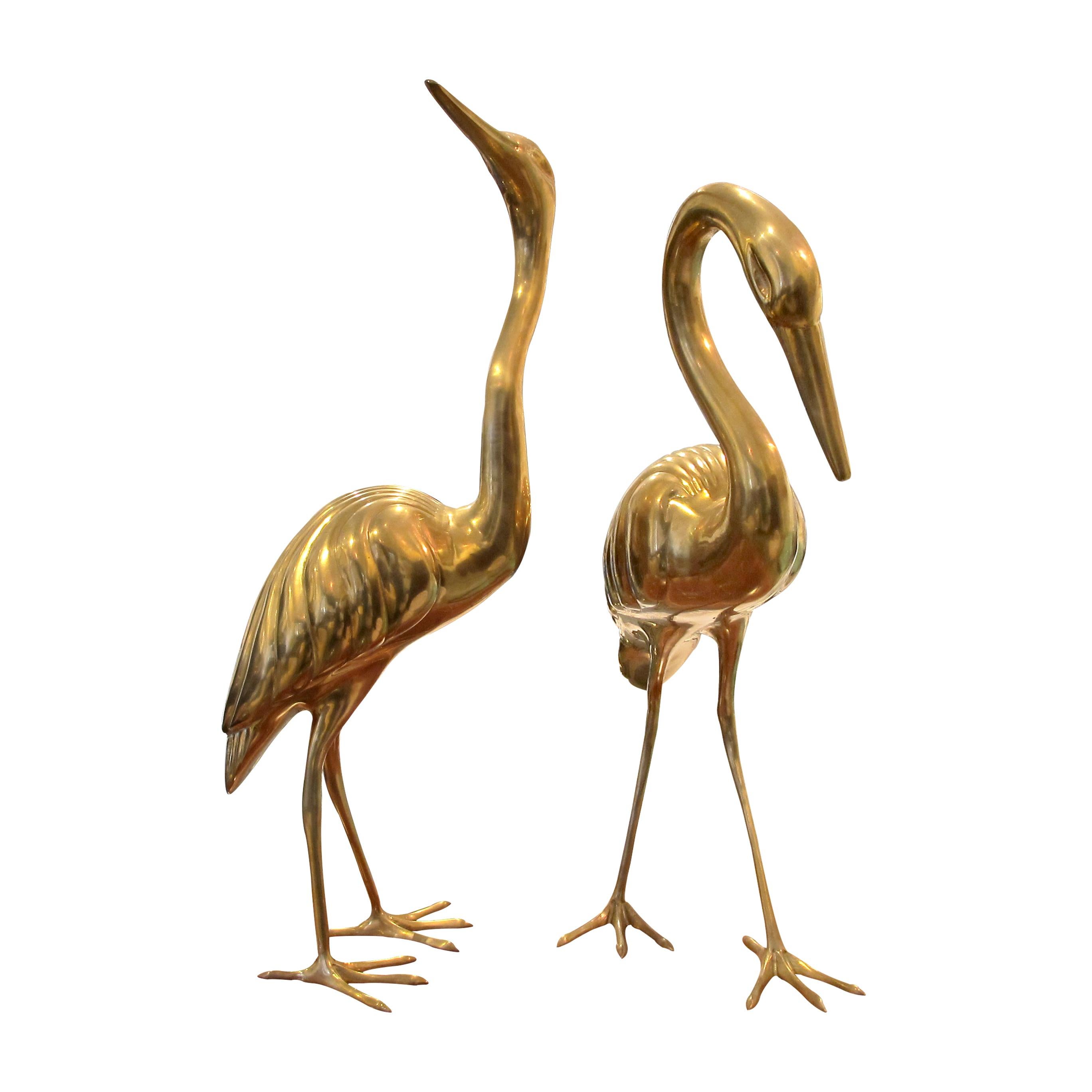 Hollywood Regency Pair of 1960s Italian Solid Brass Life-Size Free-Standing Heron Sculptures