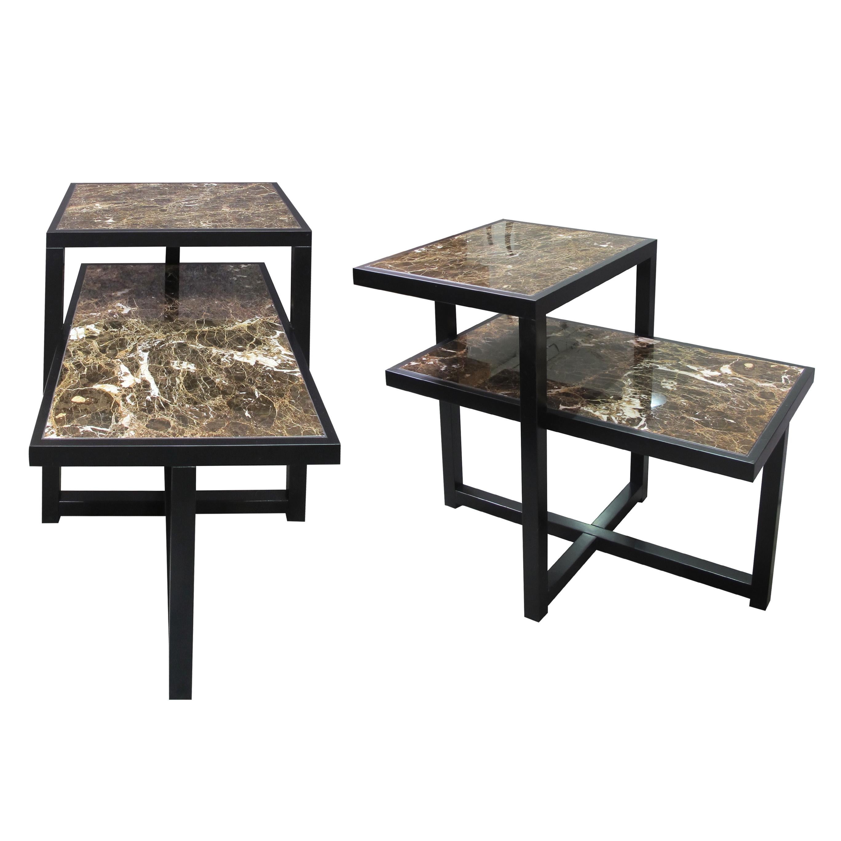 Pair of 1960s Italian two-tiered side or end tables of a Modernist design. The dark brown structural wooden frame highlights and contrasts beautifully with the Marrón Emperador marbles tops. These elegant tables look amazing from every perspective