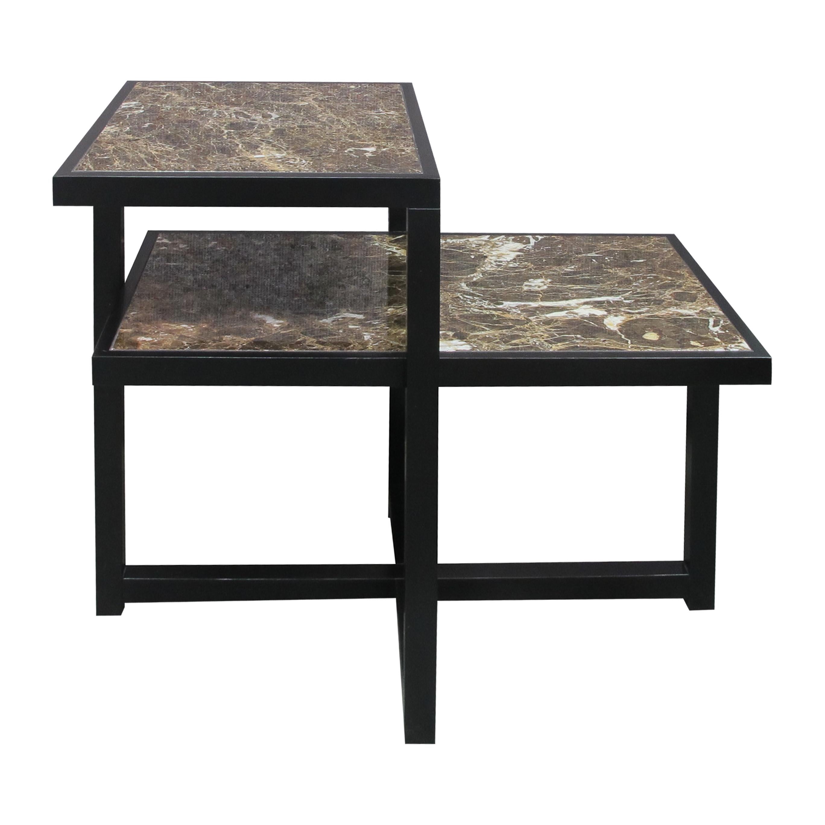 Mid-Century Modern Pair of 1960s Italian Two-Tiered Side Tables with Marrón Emperador Marble Top