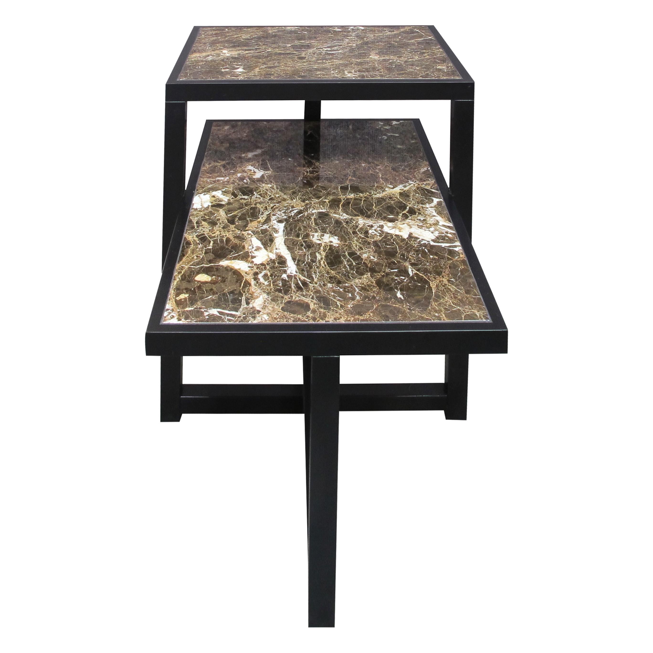 Pair of 1960s Italian Two-Tiered Side Tables with Marrón Emperador Marble Top 1