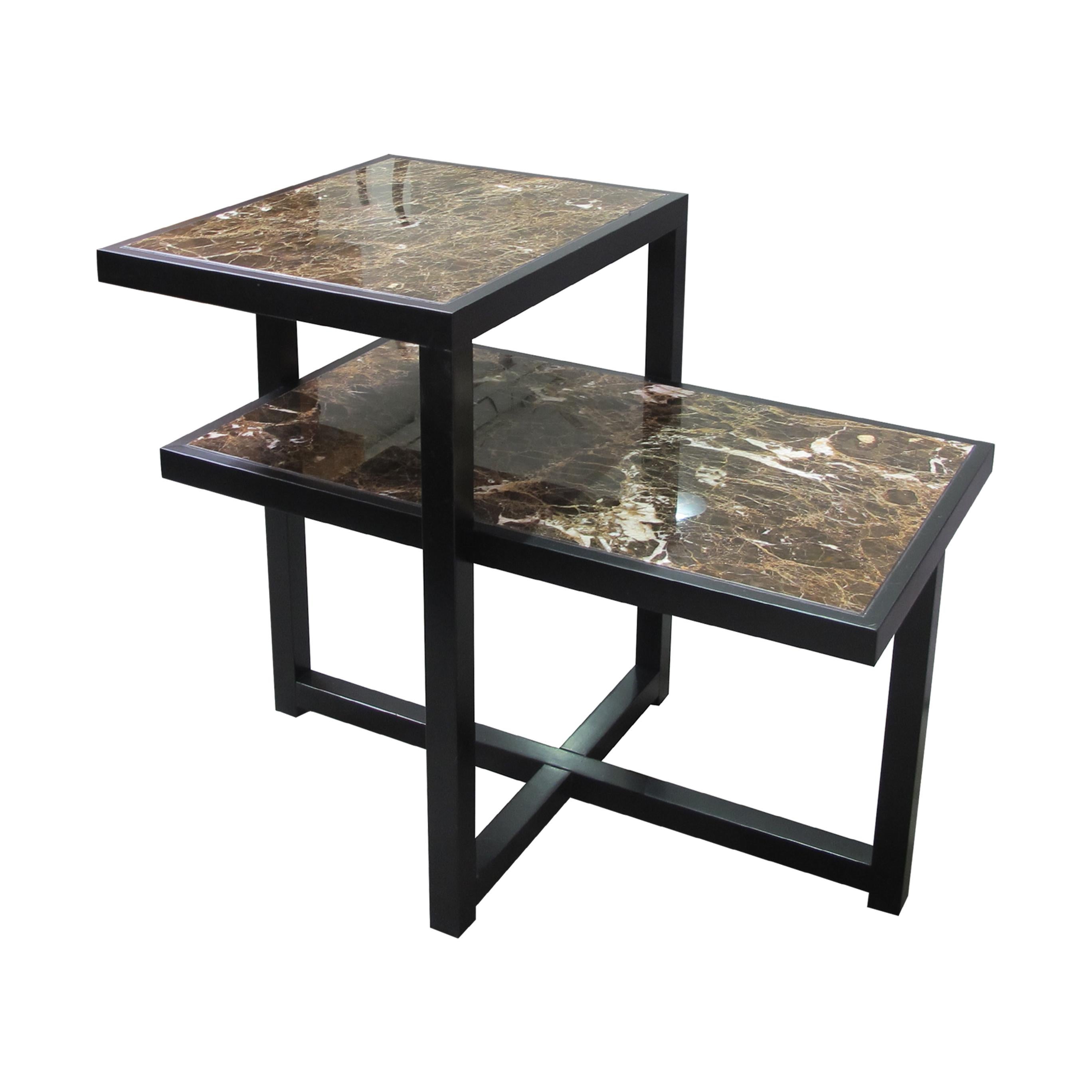 Pair of 1960s Italian Two-Tiered Side Tables with Marrón Emperador Marble Top 3
