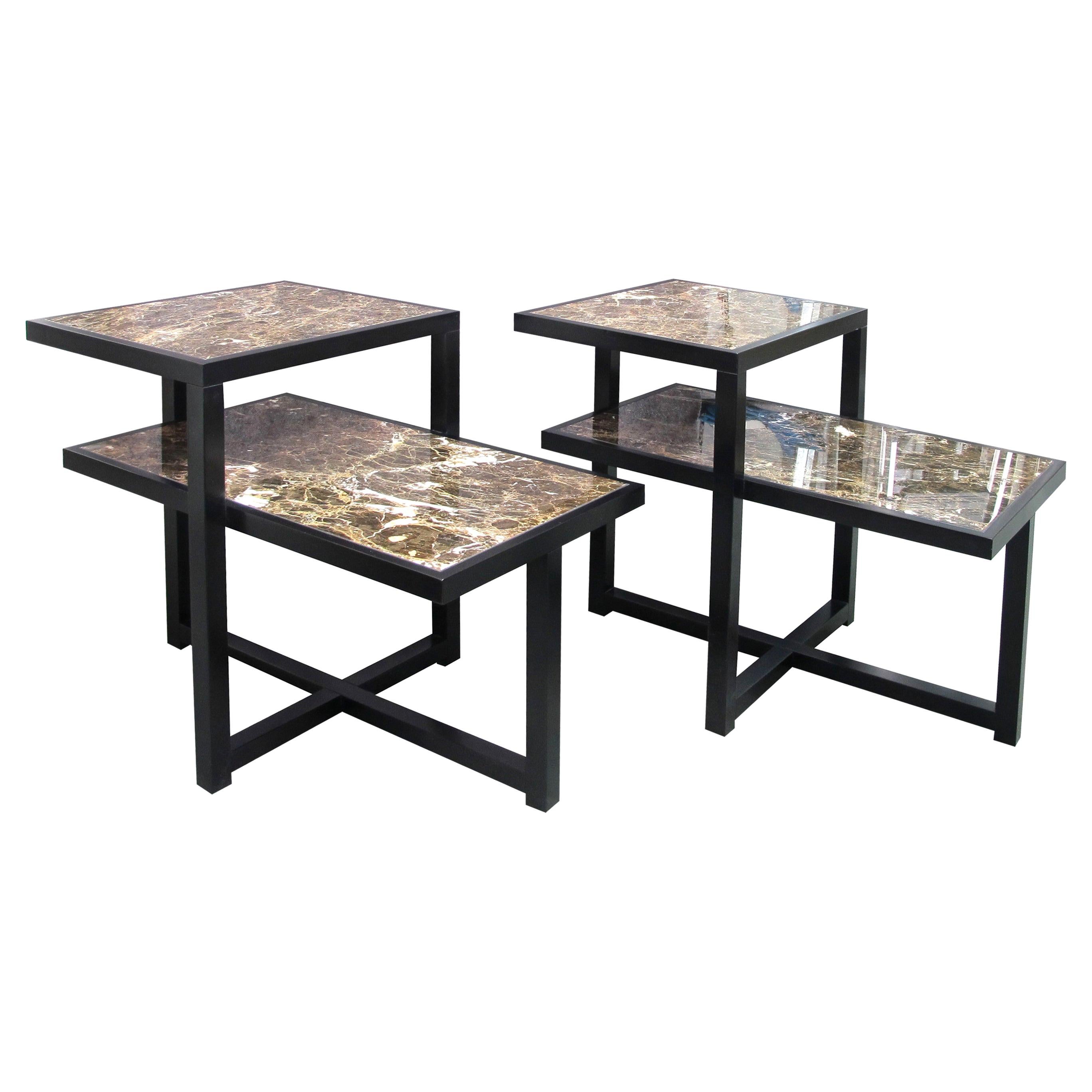 Pair of 1960s Italian Two-Tiered Side Tables with Marrón Emperador Marble Top
