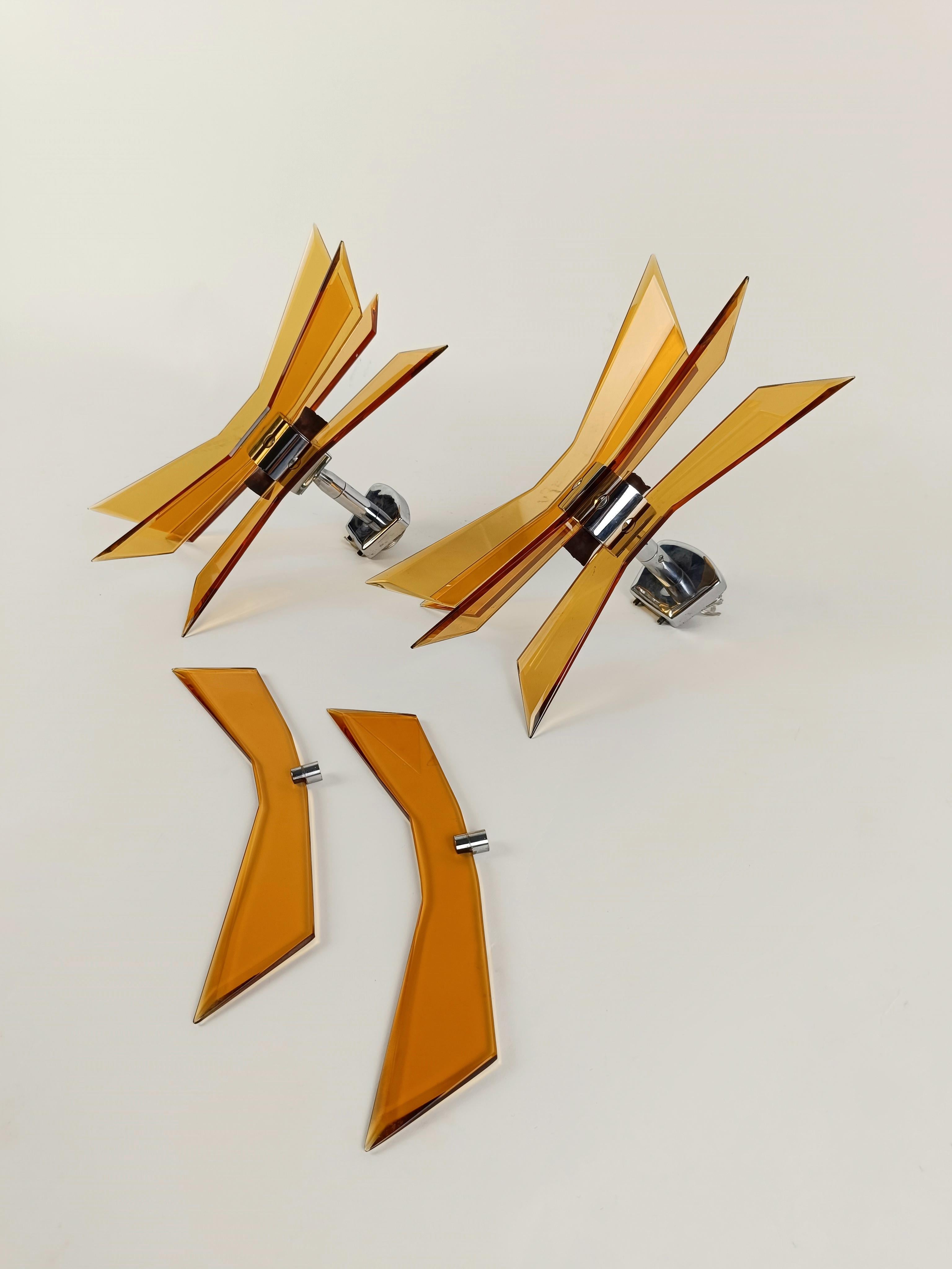 Pair of 1960s Italian Wall Lights in Chromed Metal and Beveled Yellow Glass  For Sale 13
