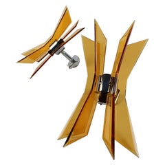 Pair of 1960s Italian Wall Lights in Chromed Metal and Beveled Yellow Glass