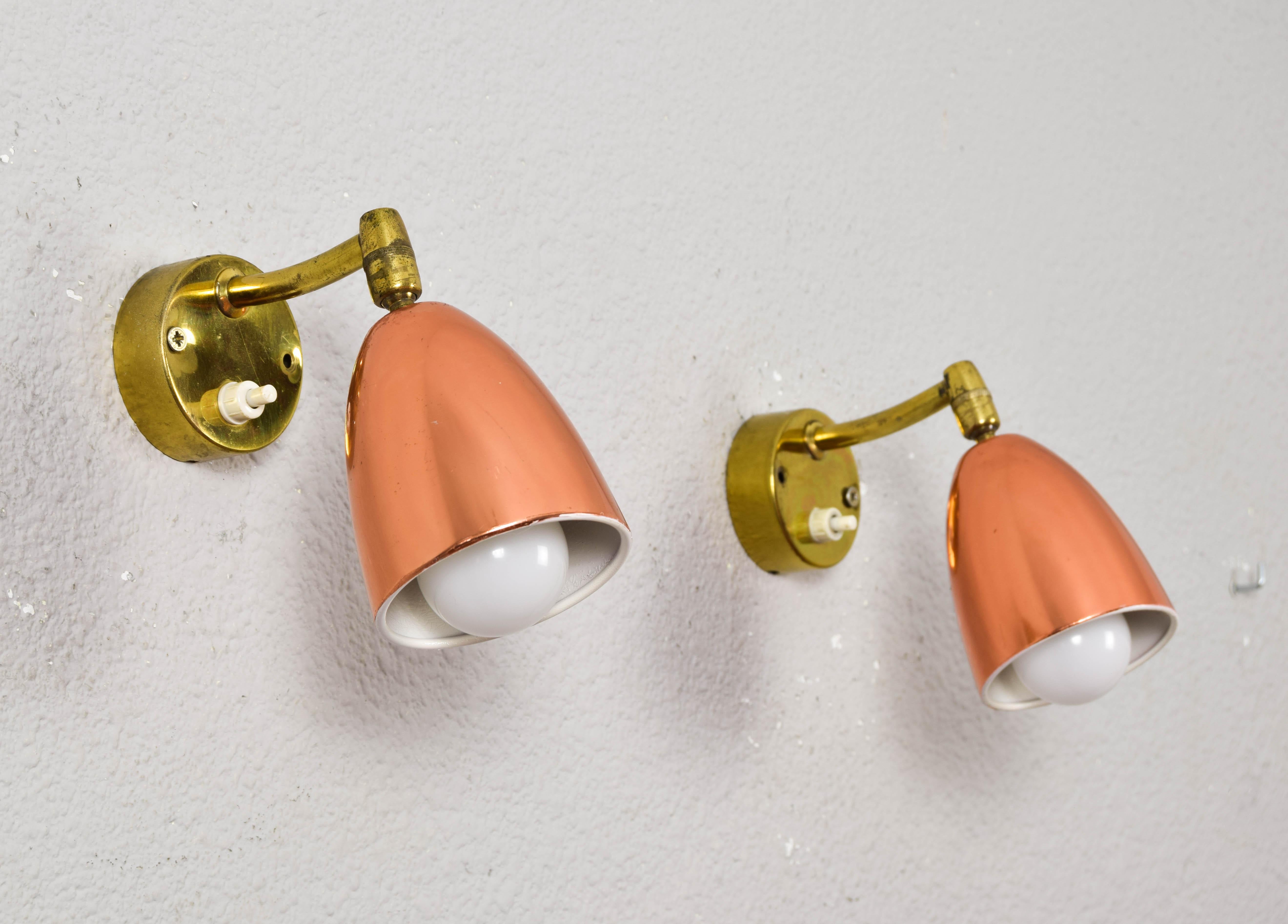 Pair of 1960s Jacques Biny Style Brass and Copper Wall Lights  For Sale 4