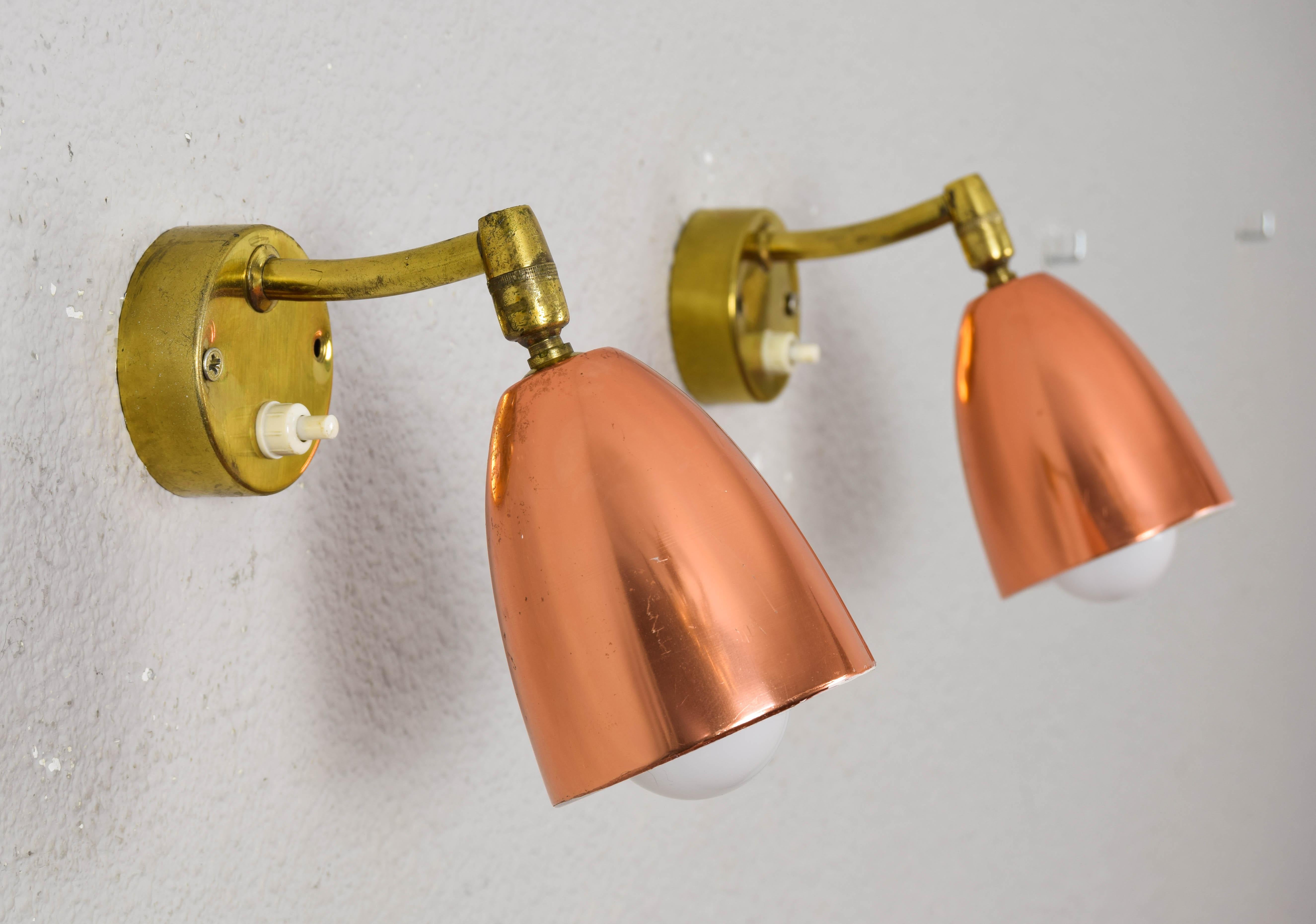 Pair of 1960s Jacques Biny Style Brass and Copper Wall Lights  For Sale 5
