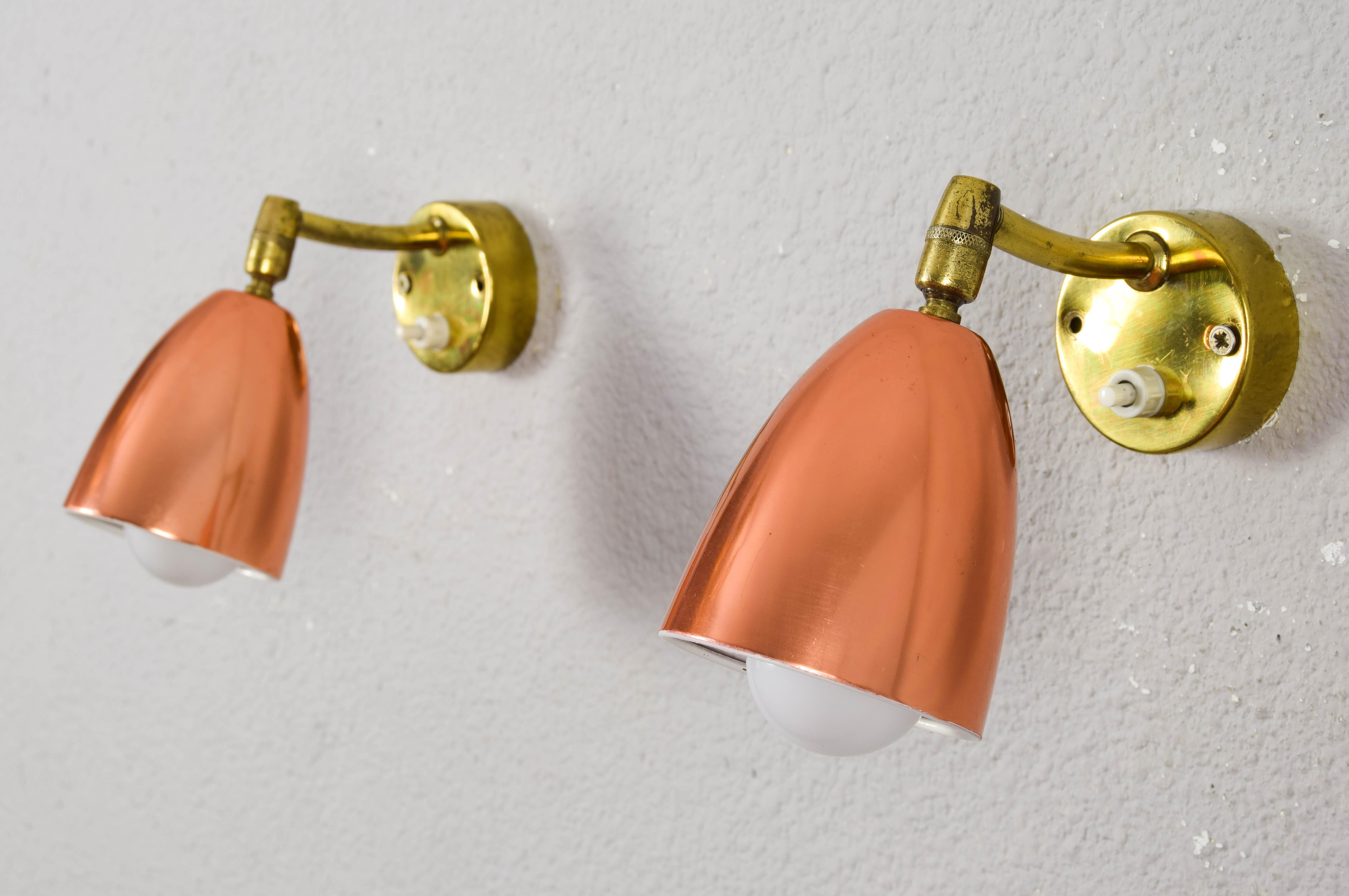 Pair of 1960s Jacques Biny Style Brass and Copper Wall Lights  For Sale 6