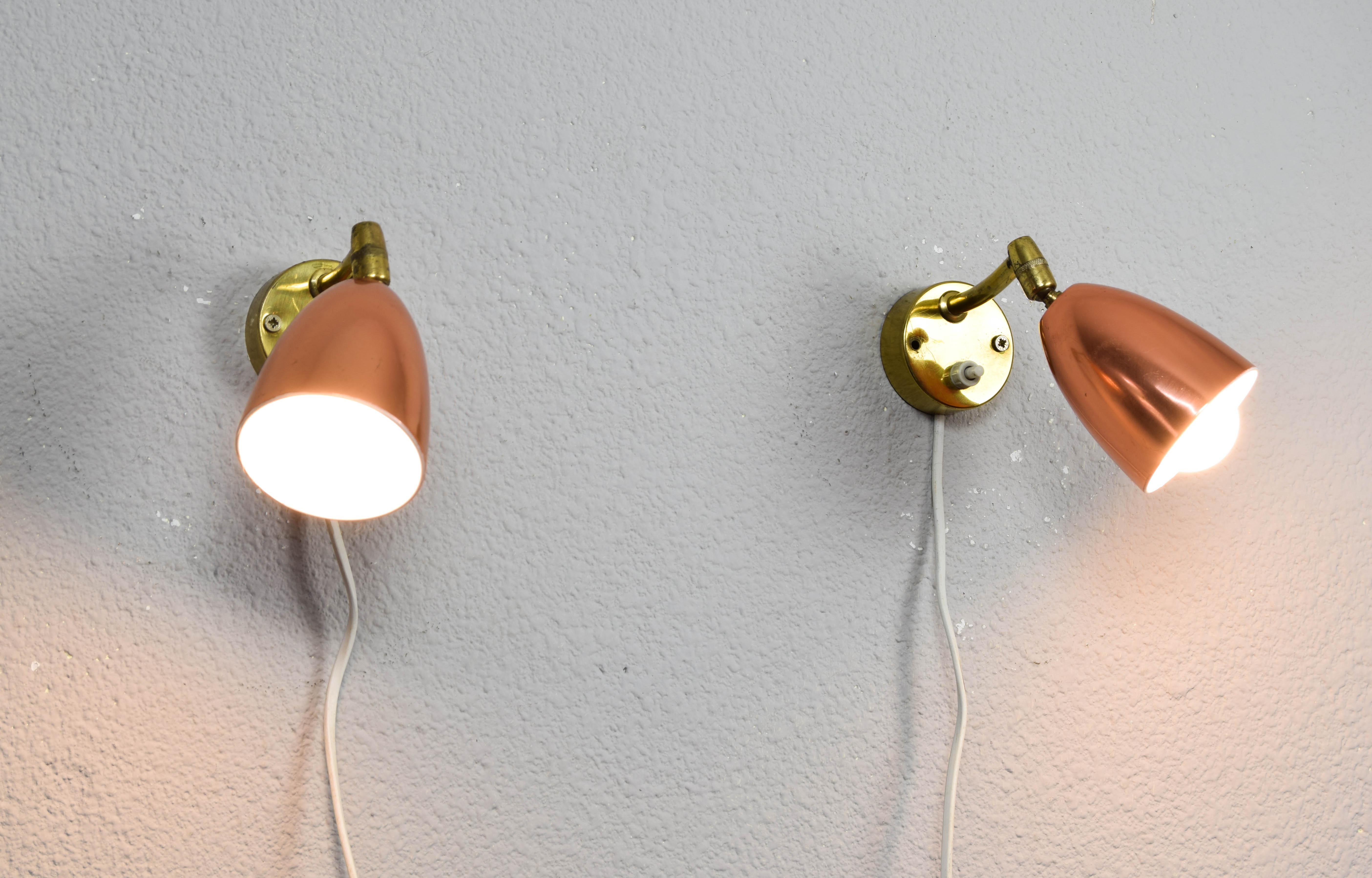 French Pair of 1960s Jacques Biny Style Brass and Copper Wall Lights  For Sale