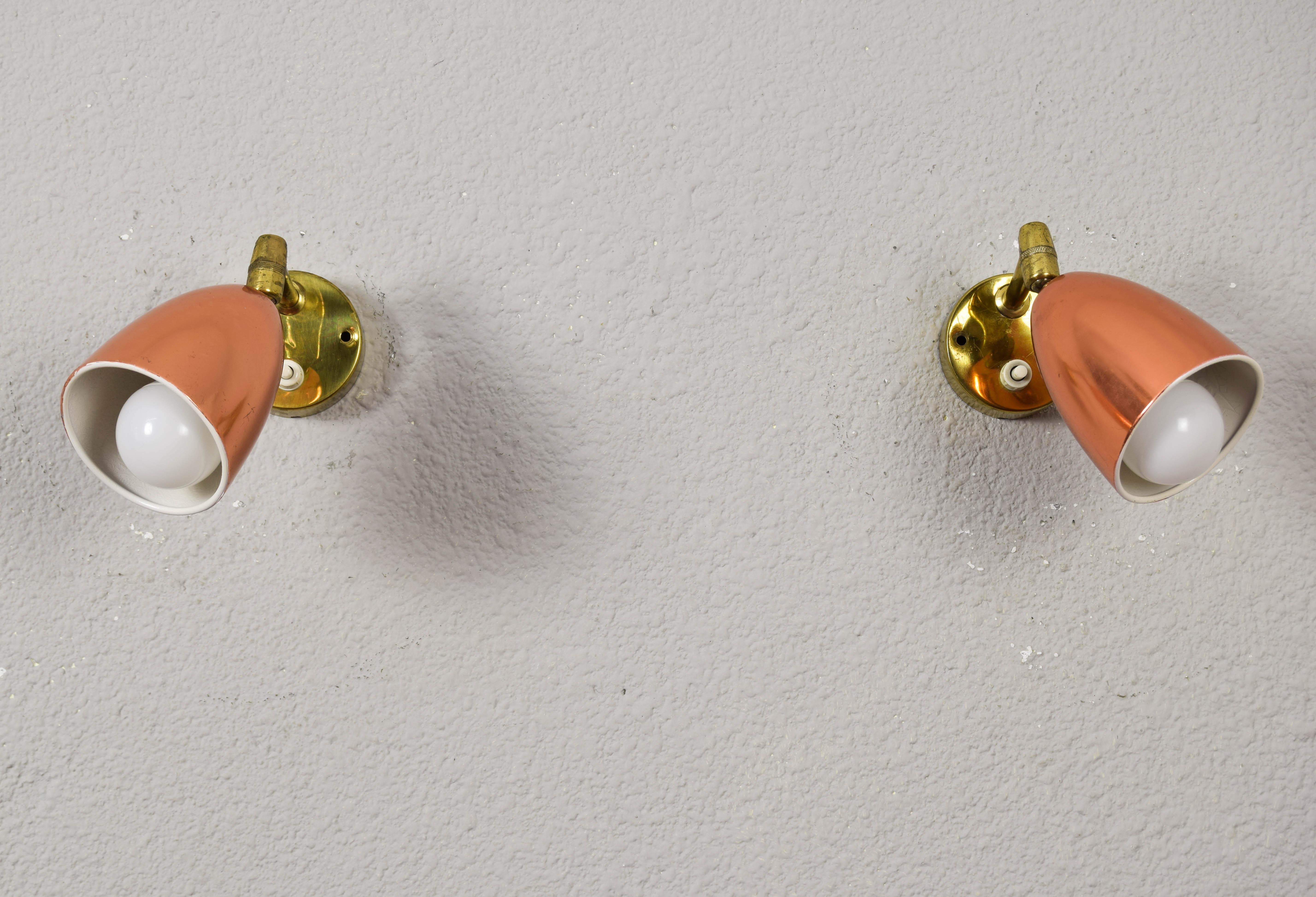 Pair of 1960s Jacques Biny Style Brass and Copper Wall Lights  For Sale 2