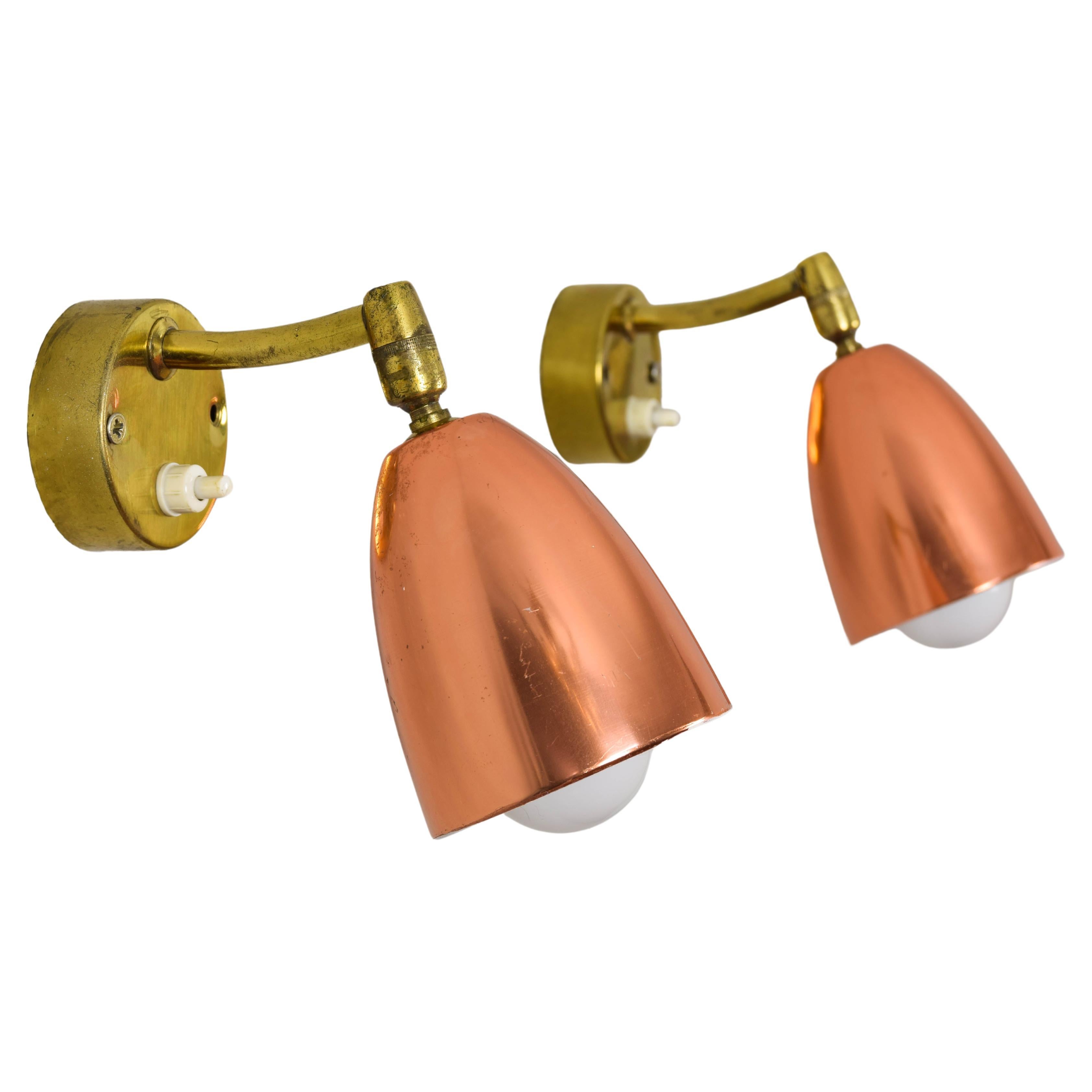Pair of 1960s Jacques Biny Style Brass and Copper Wall Lights 1950