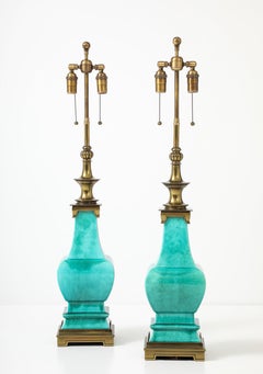 Pair of 1960's Jade Green Ceramic Pagoda Lamps by Stiffel Lamp company