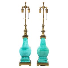 Pair of 1960's Jade Green Ceramic Pagoda Lamps by Stiffel Lamp company