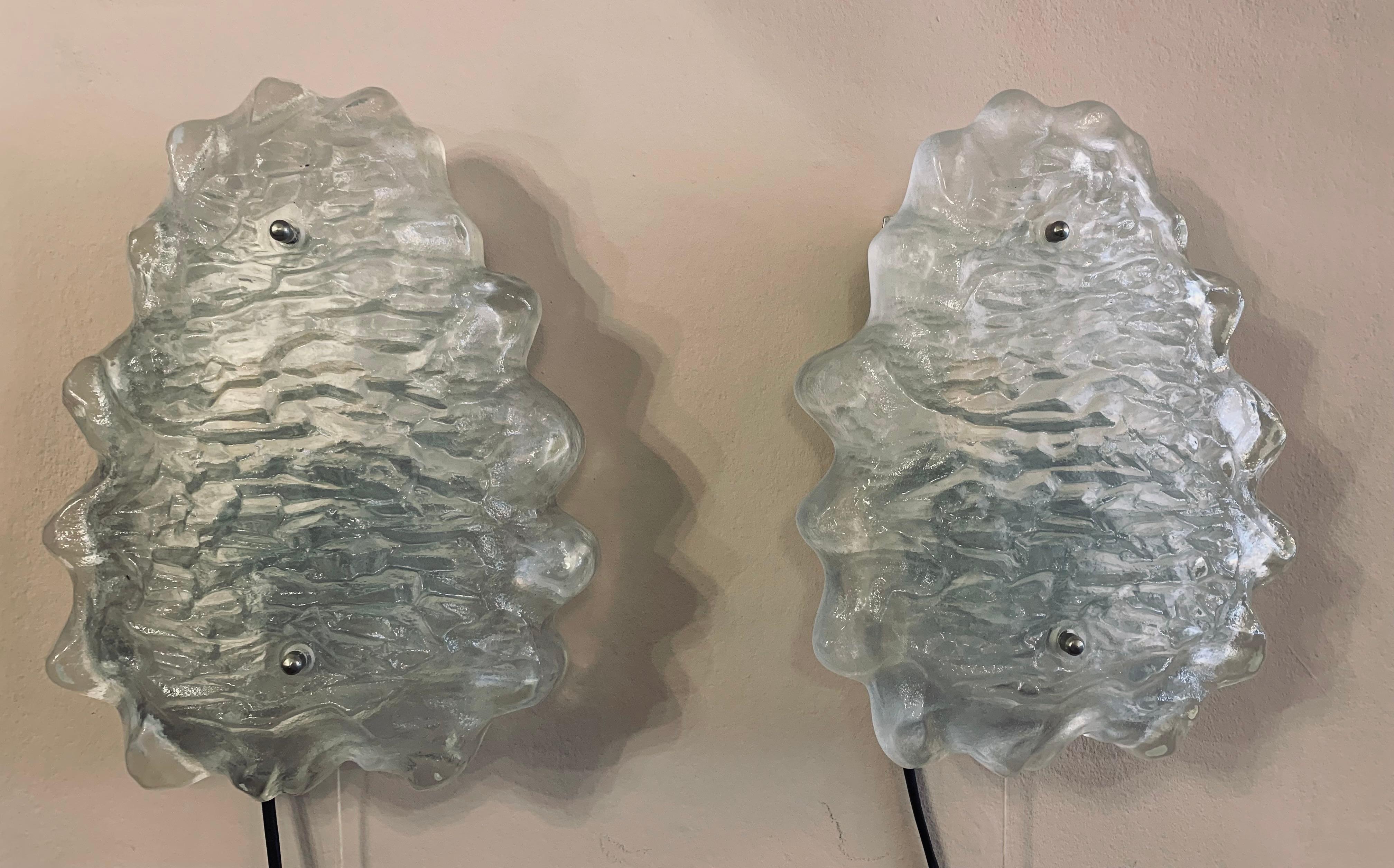Mid-Century Modern Pair of 1960s J.T Kalmar Iced Frosted Glass Wall Sconces or Lights for Kalmar