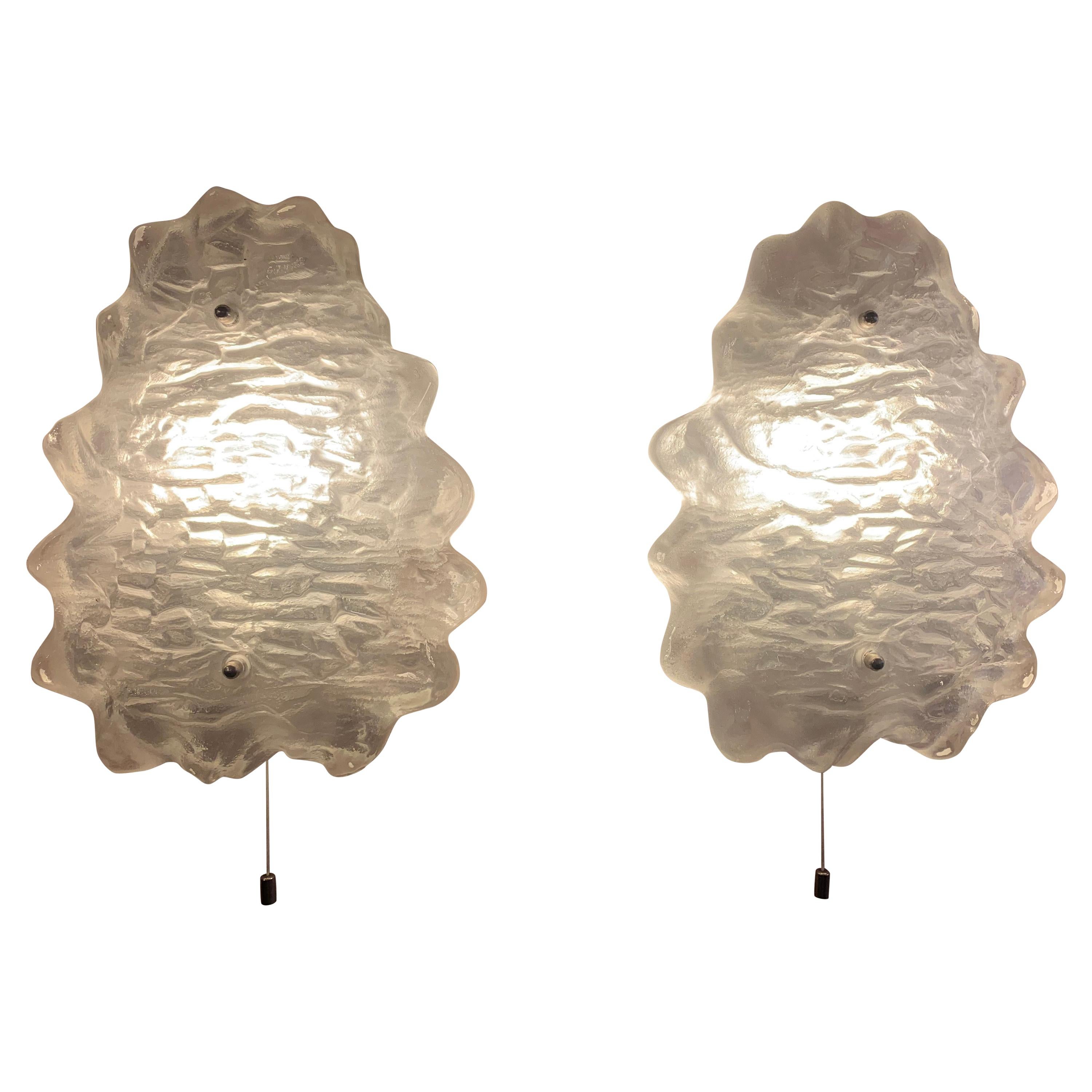 Pair of 1960s J.T Kalmar Iced Frosted Glass Wall Sconces or Lights for Kalmar