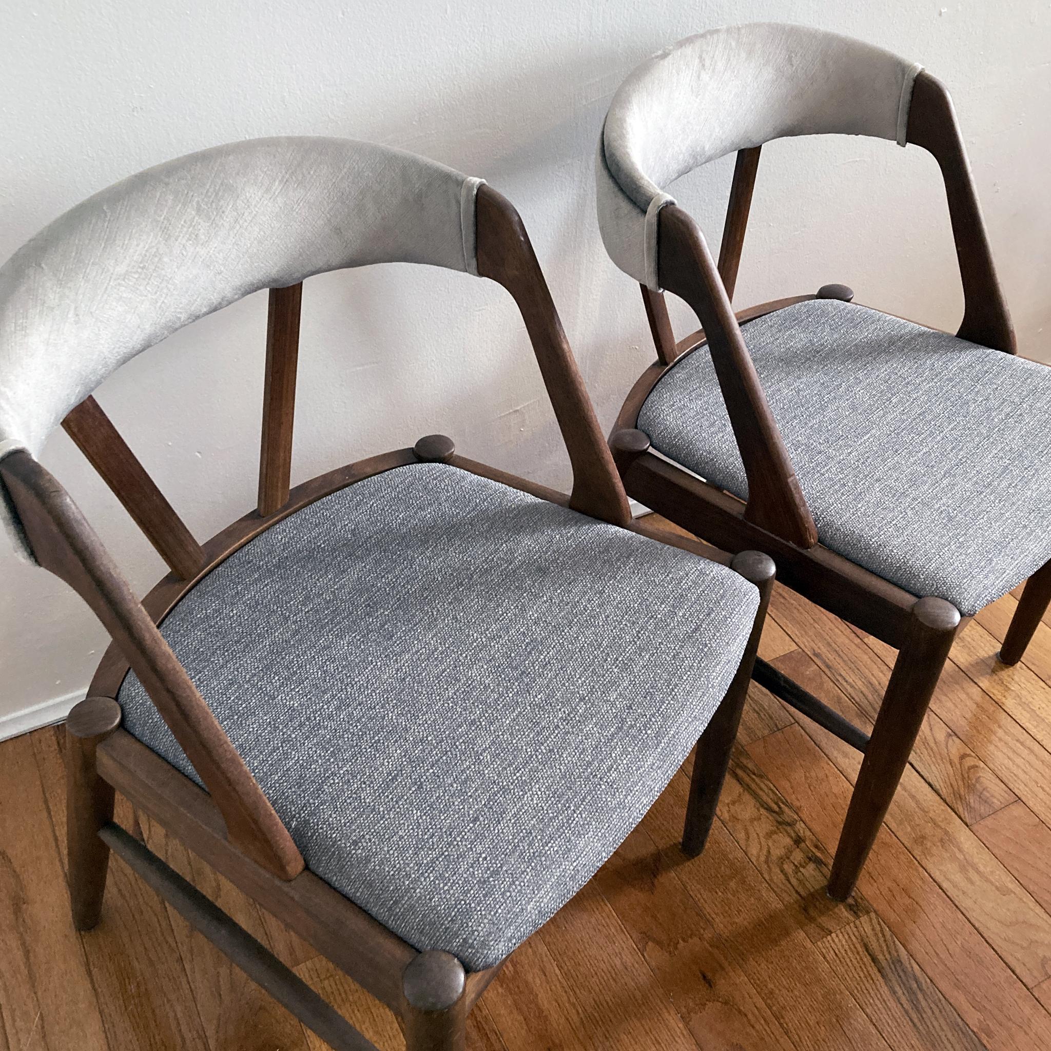 Teak Kai Kristiansen Style Reupholstered Curved Back Gray Chairs, 1960s, Pair of Two For Sale