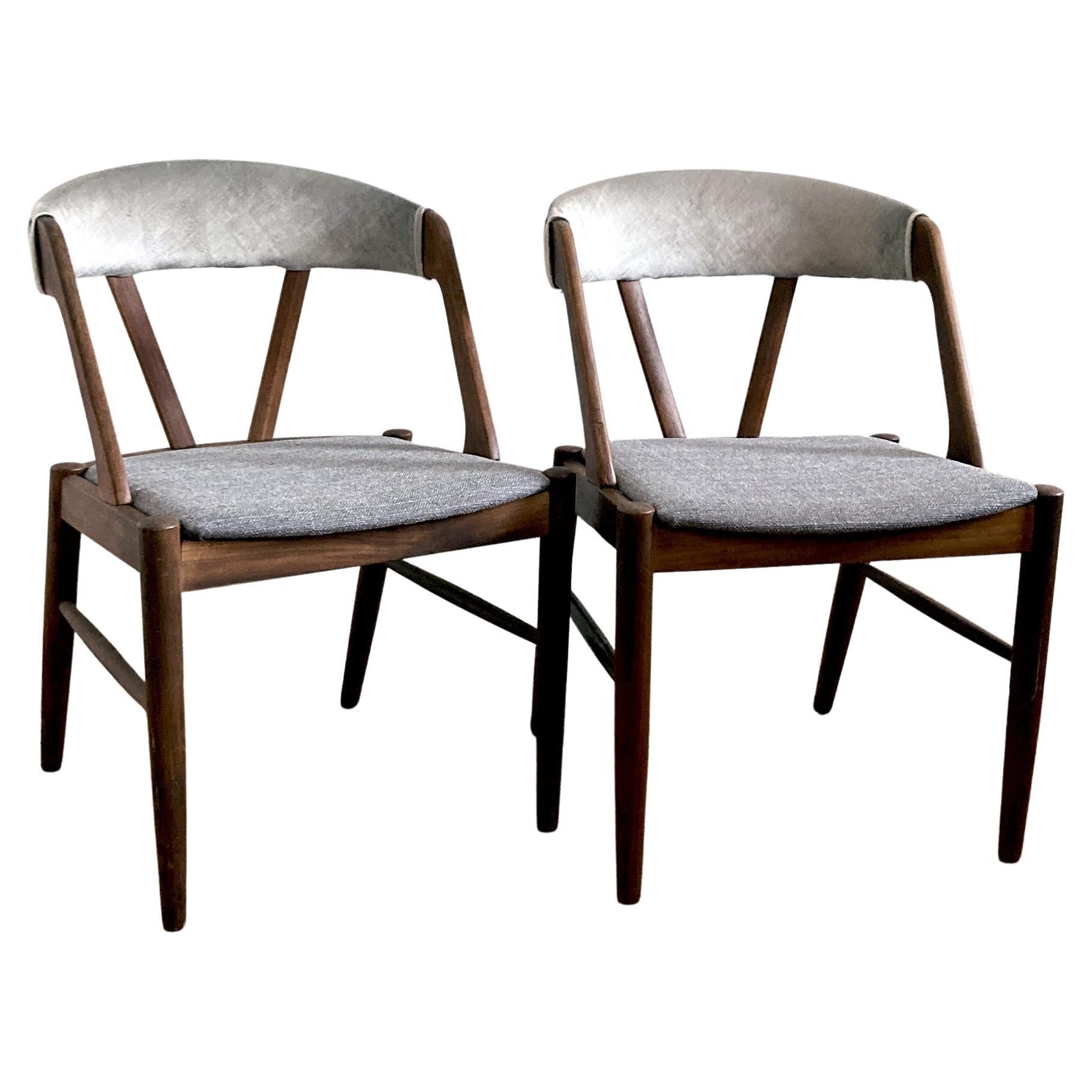 Kai Kristiansen Style Reupholstered Curved Back Gray Chairs, 1960s, Pair of Two For Sale