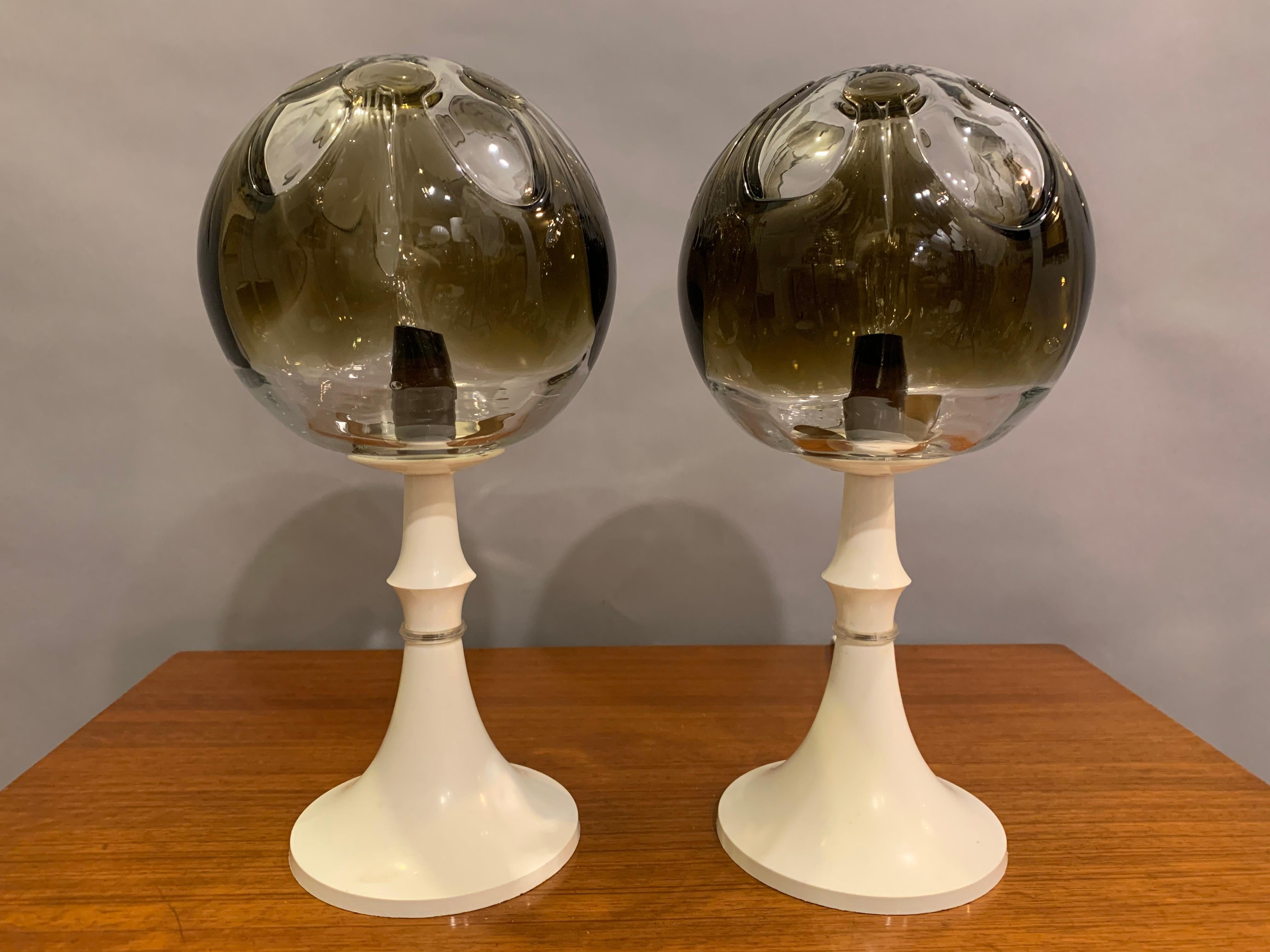 Pair of 1960s Kaiser Leuchten Mazzega Globe Glass Conical Based Table Lamps In Good Condition In London, GB