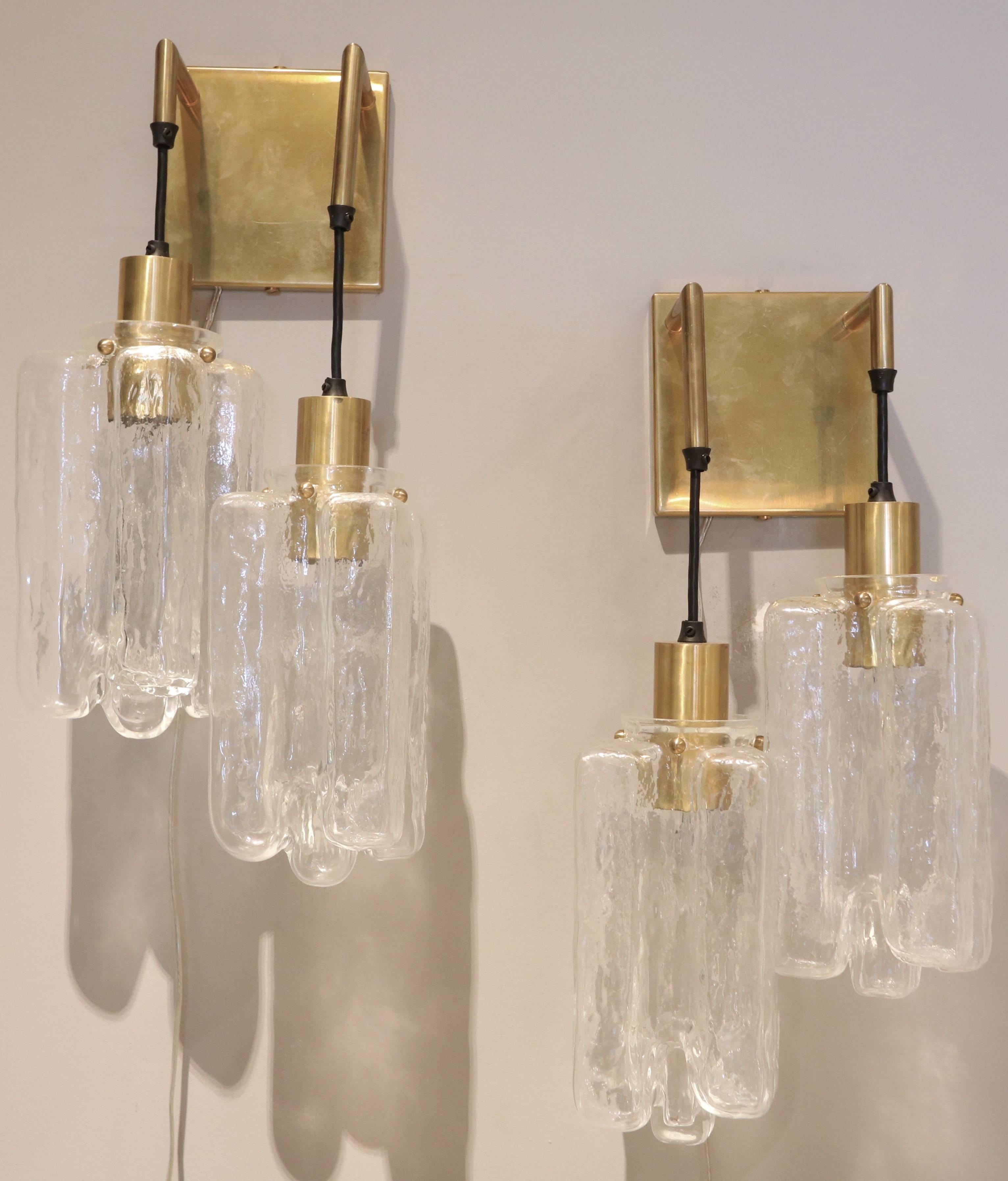 Mid-Century Modern Pair of 1960s Kalmar Glass and Brass Sconces