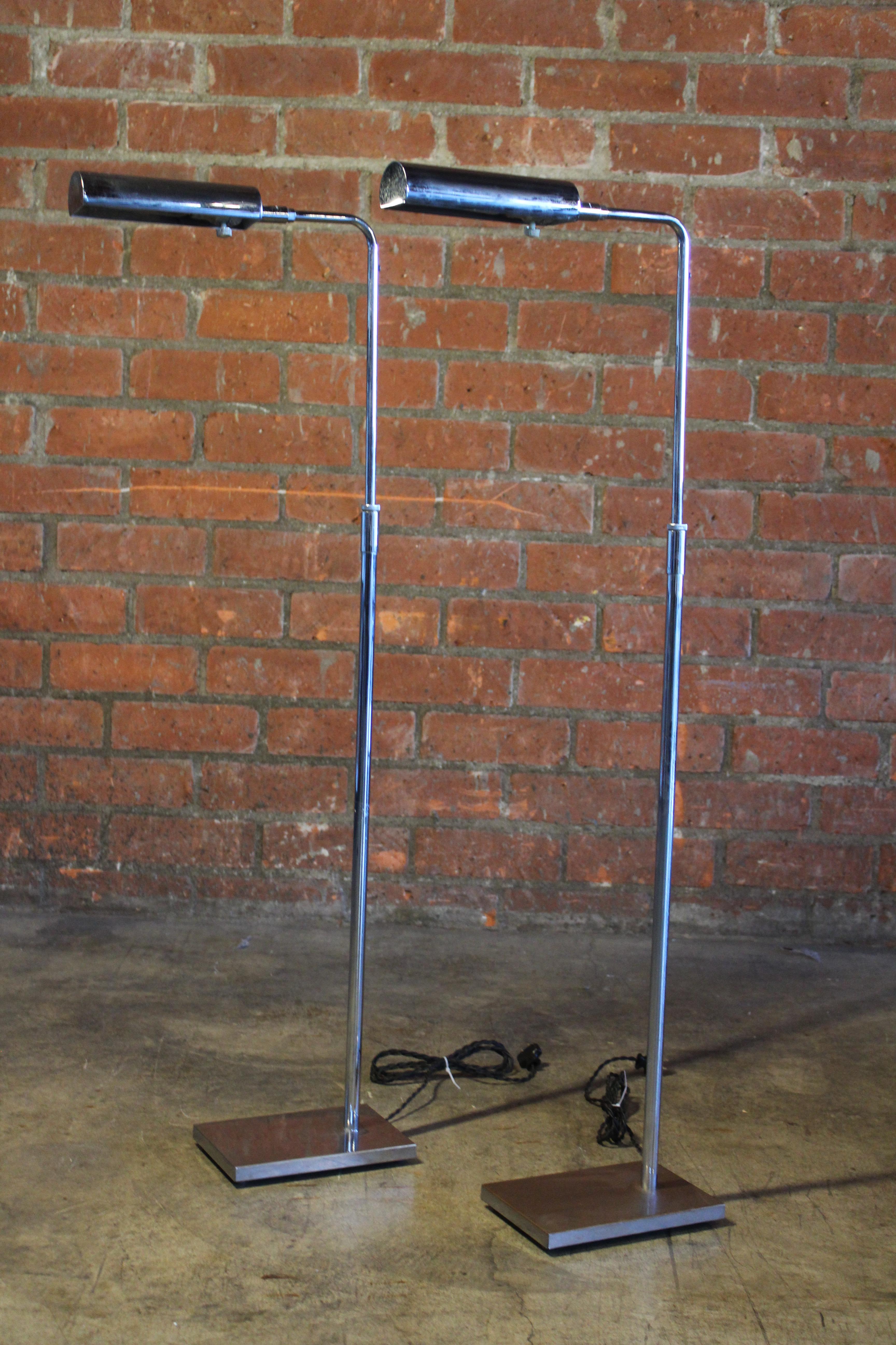 Pair of chrome plated Koch and Lowy pharmacy lamps from the 1960s. Newly rewired. In good condition with some patina to the chrome.