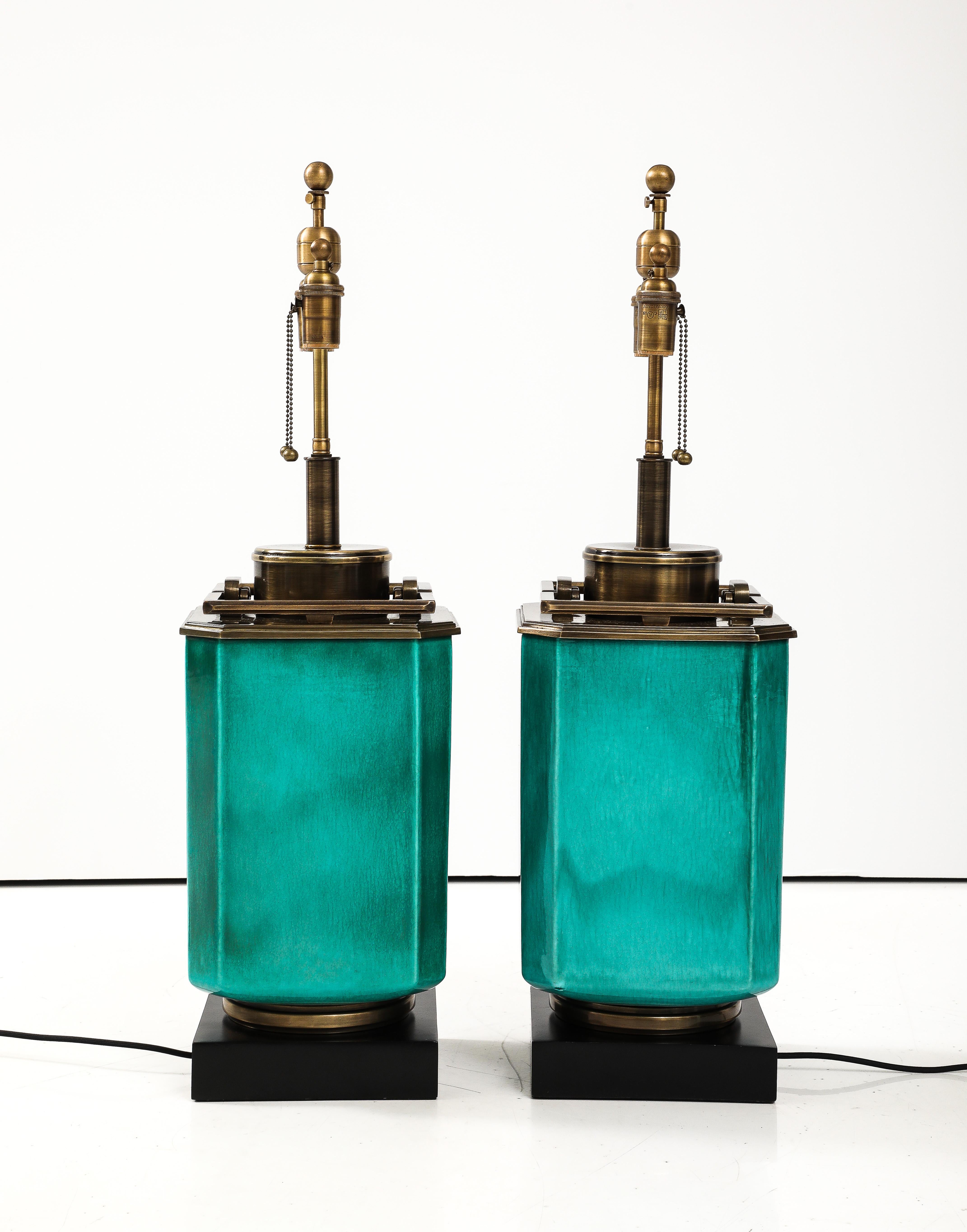 Pair of 1960's Large Ceramic Lamps With a Jade Crackle Glaze Finish by Stiffel. For Sale 3