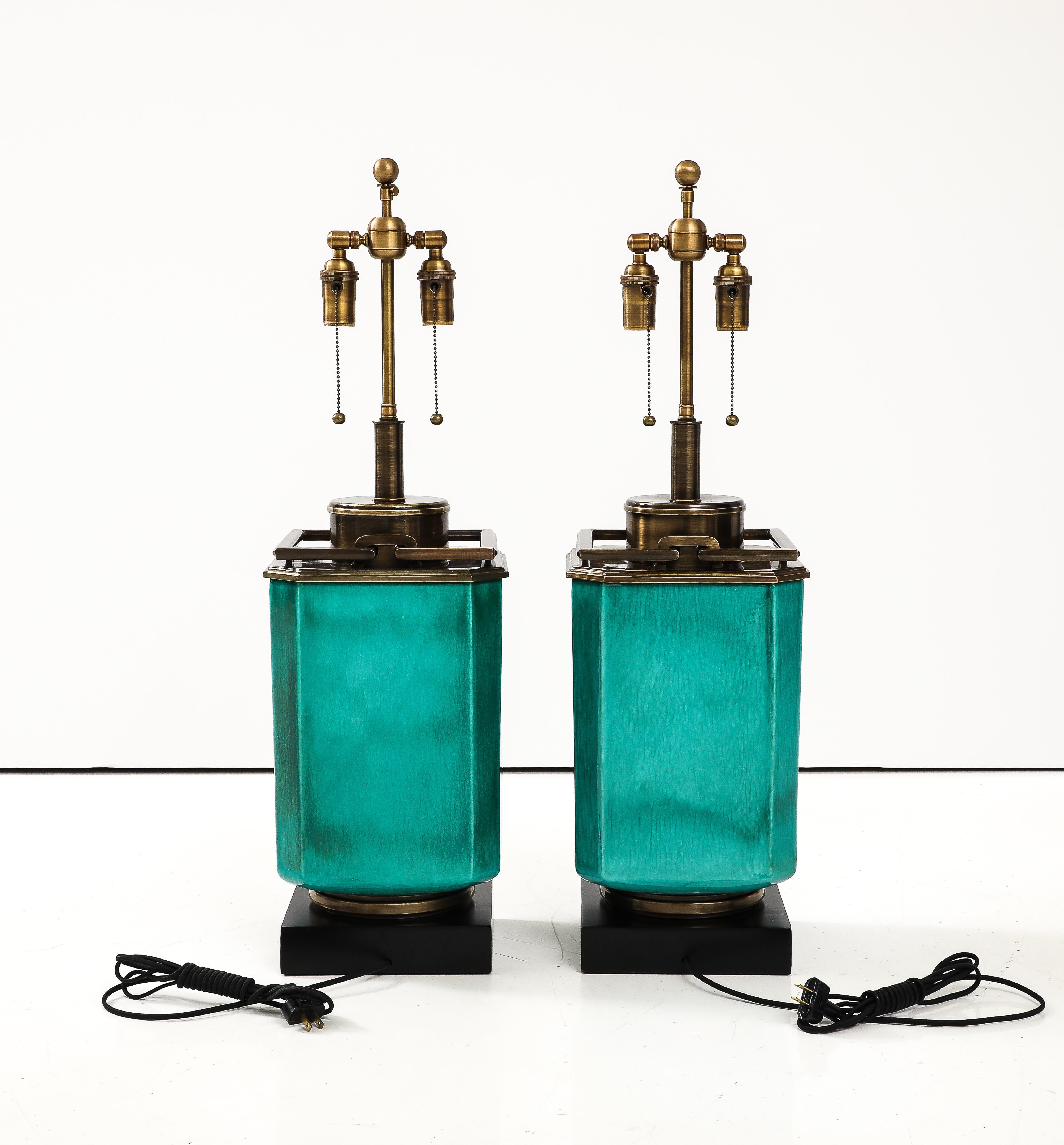 Pair of 1960's Large Ceramic Lamps With a Jade Crackle Glaze Finish by Stiffel. For Sale 4