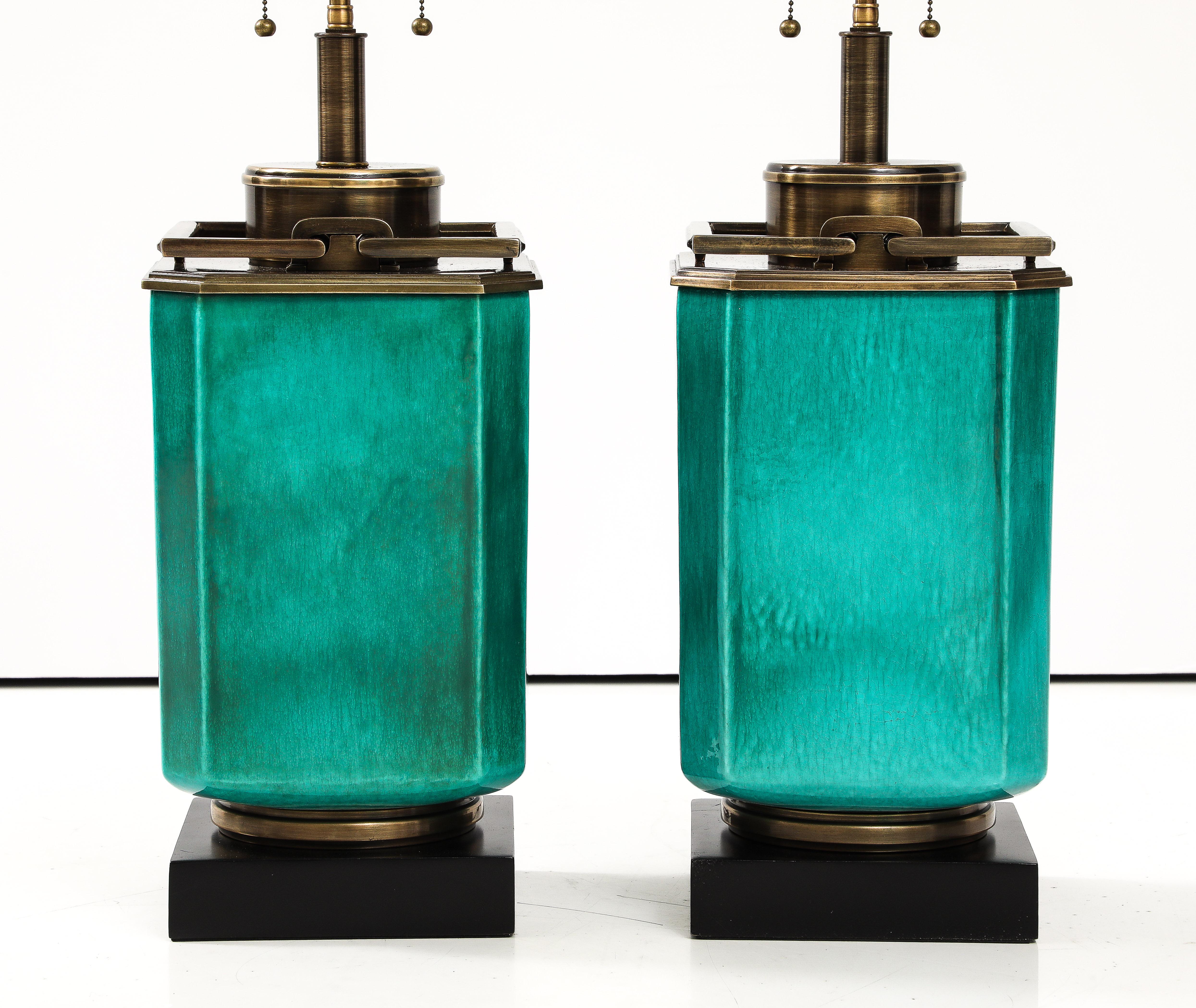 Pair of 1960's Large Ceramic Lamps With a Jade Crackle Glaze Finish by Stiffel. In Good Condition For Sale In New York, NY