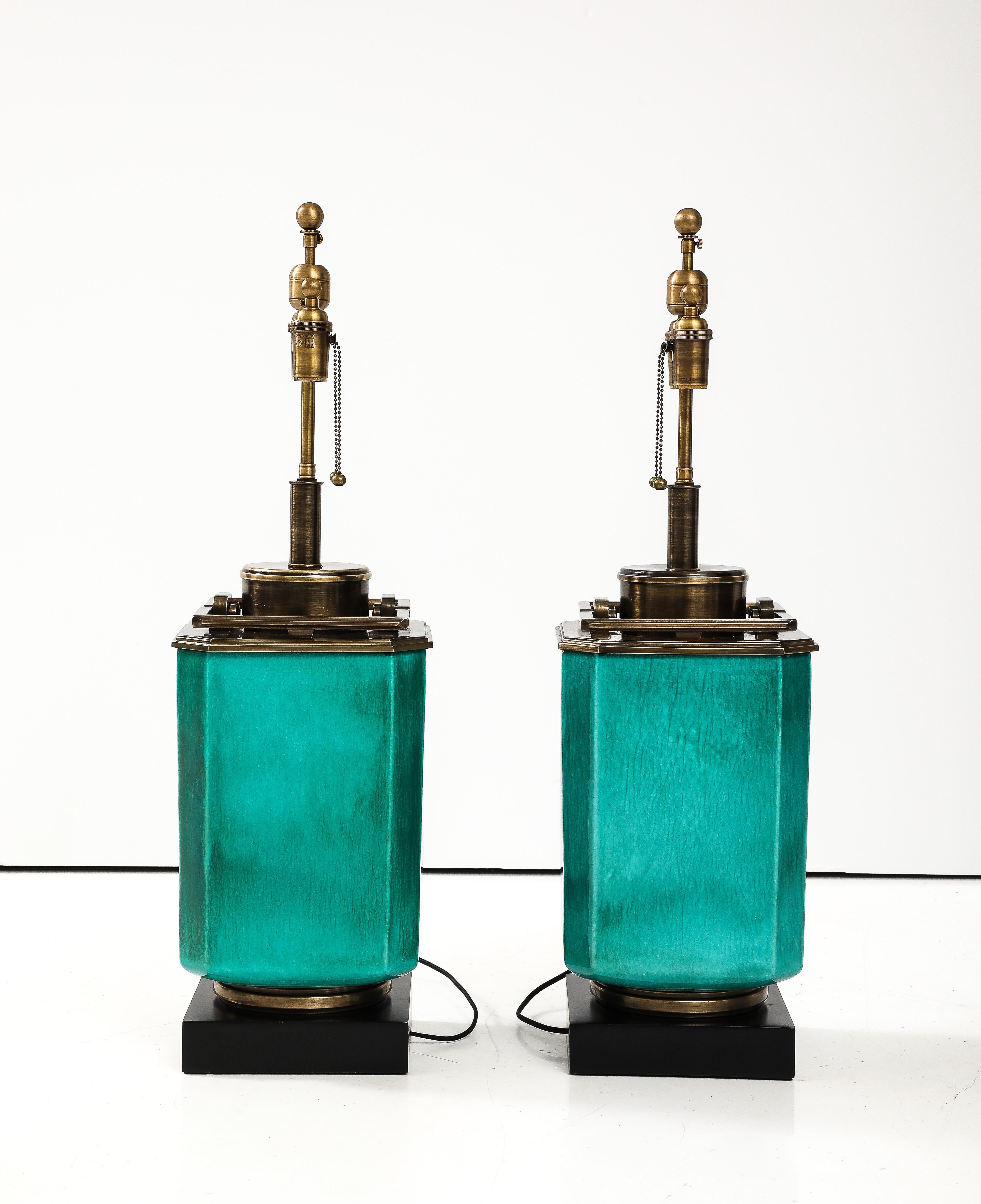 Brass Pair of 1960's Large Ceramic Lamps With a Jade Crackle Glaze Finish by Stiffel. For Sale