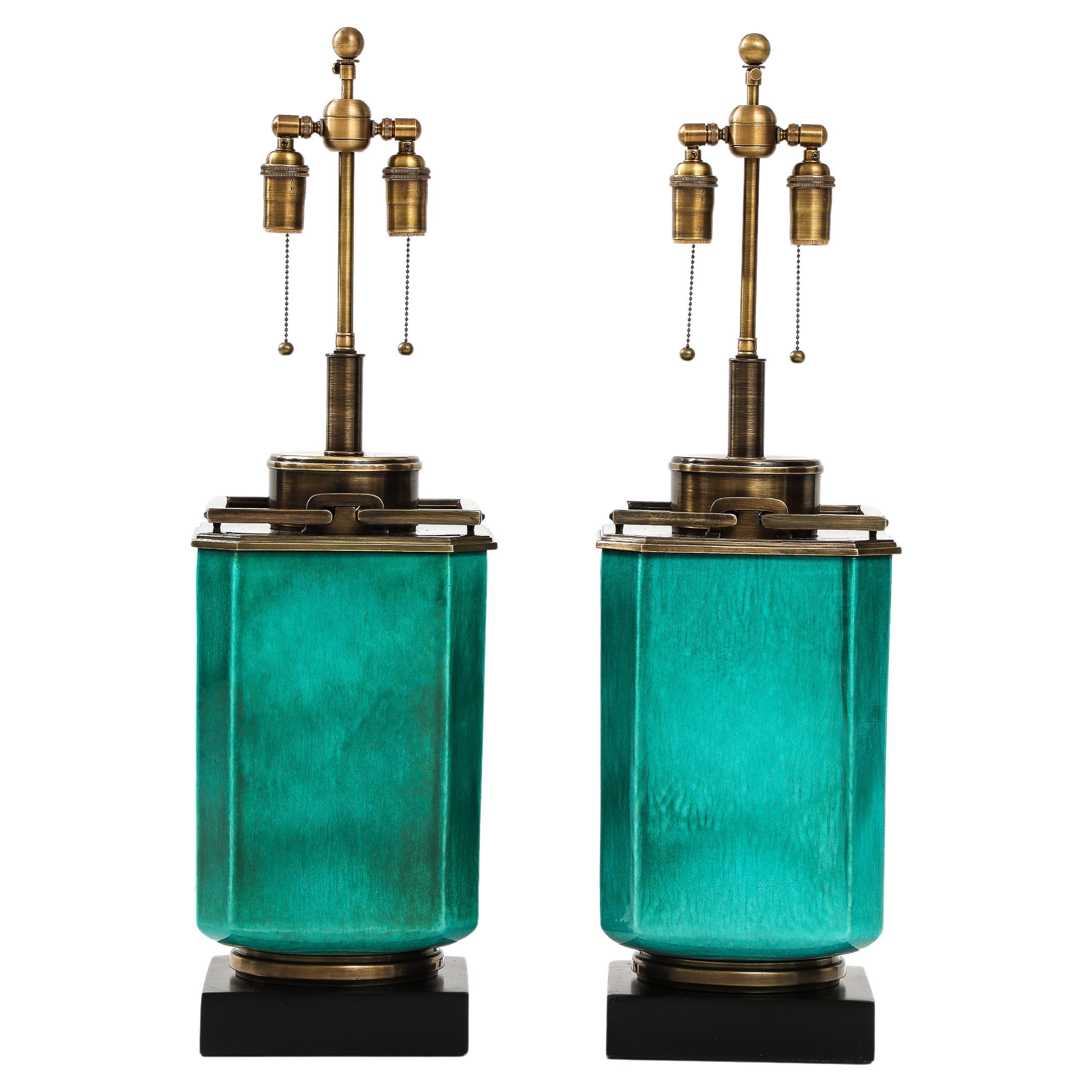 Pair of 1960's Large Ceramic Lamps With a Jade Crackle Glaze Finish by Stiffel.