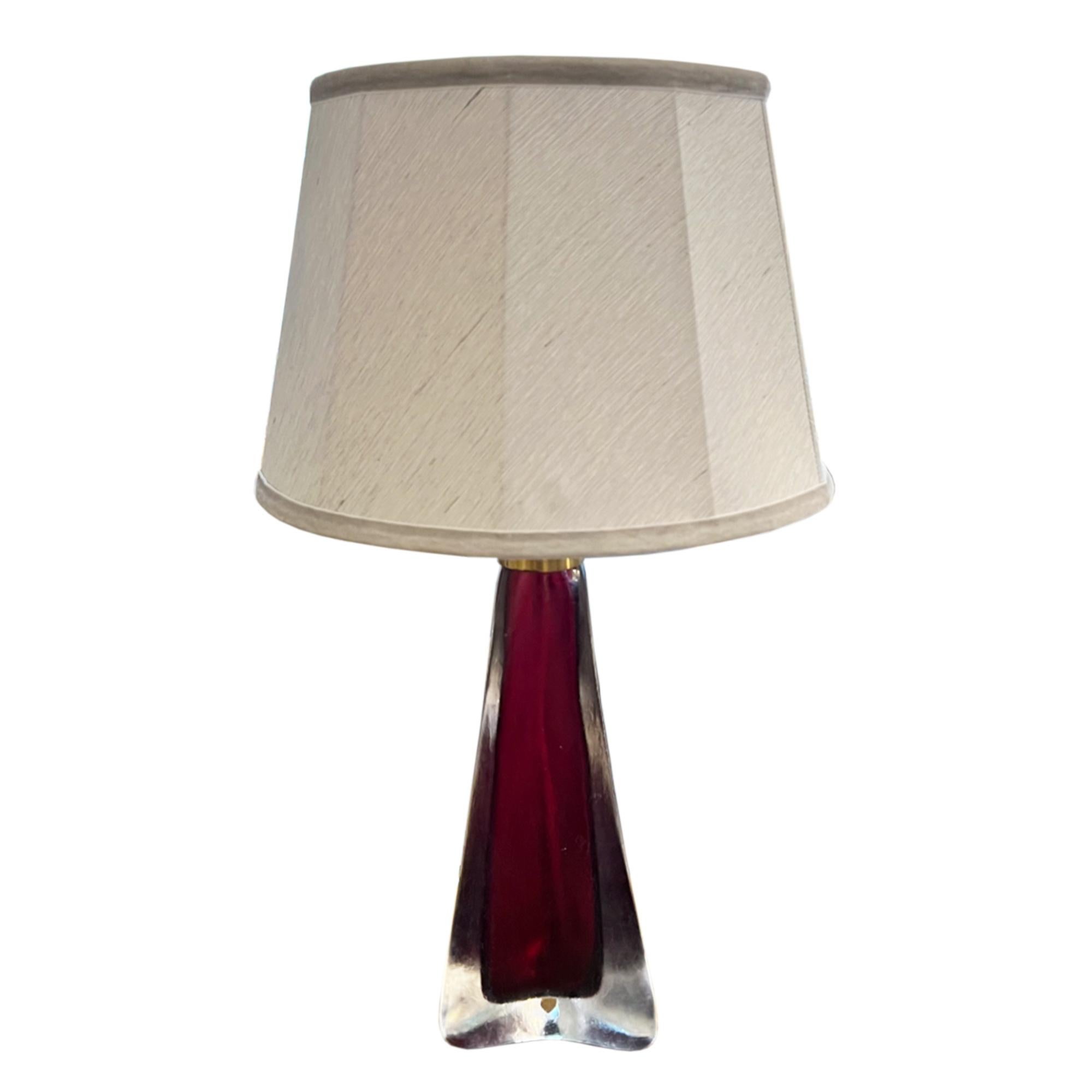 Mid-Century Modern Pair of 1960s Large Cranberry Orrefors Lamps With Brass Fittings