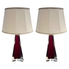 Vintage Pair of 1960s Large Cranberry Orrefors Lamps With Brass Fittings