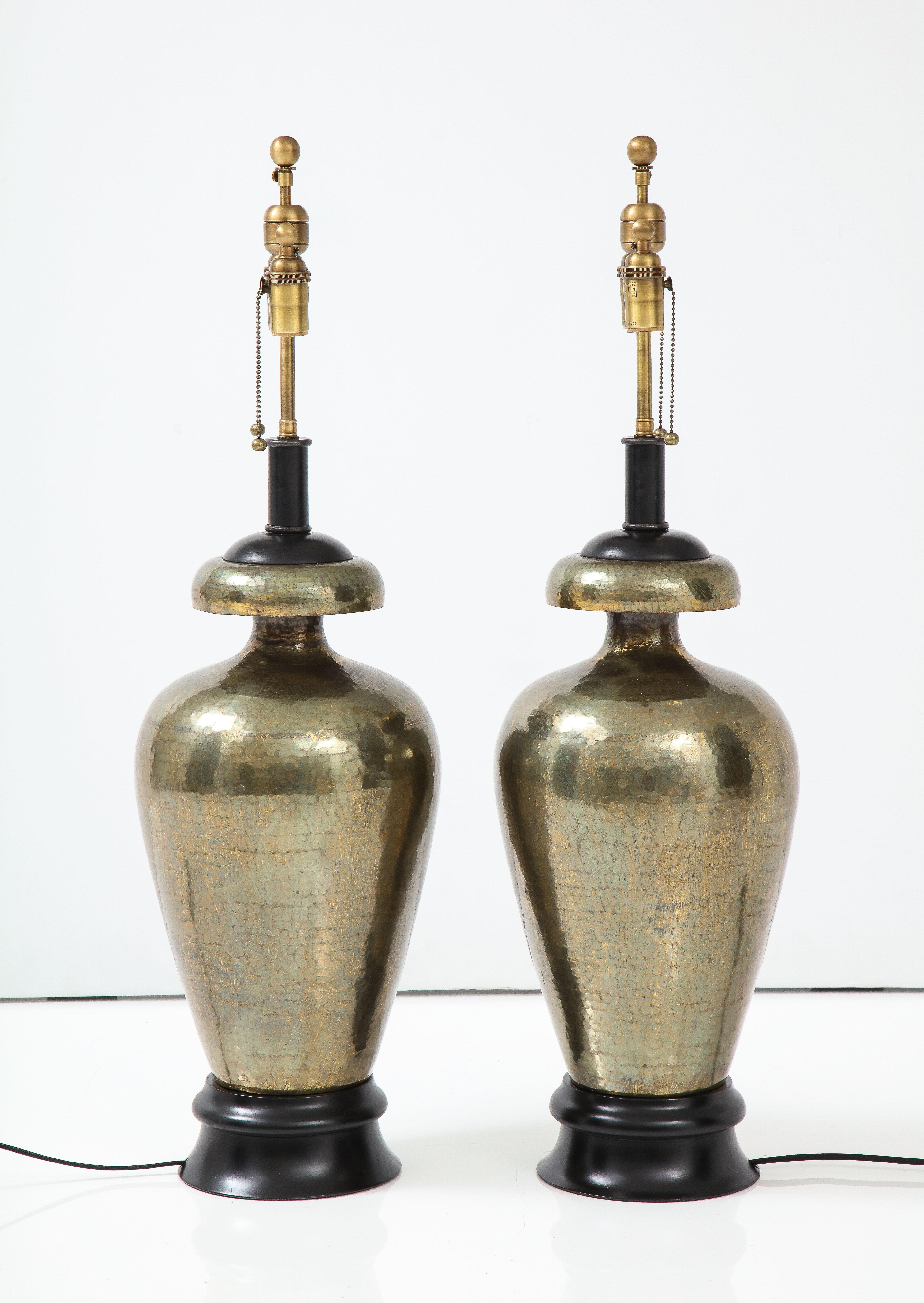 American Pair of 1960's Large Hammered Brass Lamps