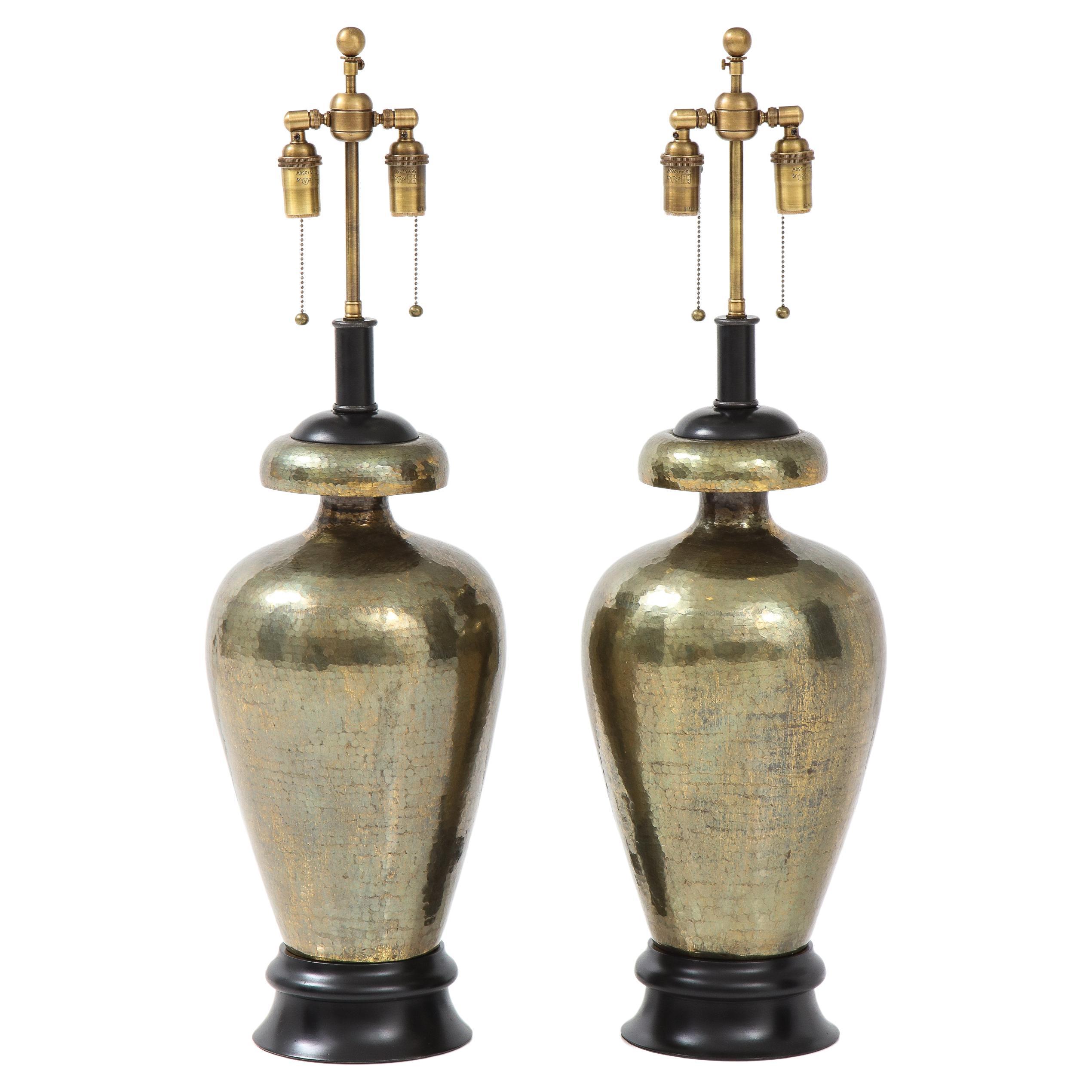 Pair of 1960's Large Hammered Brass Lamps