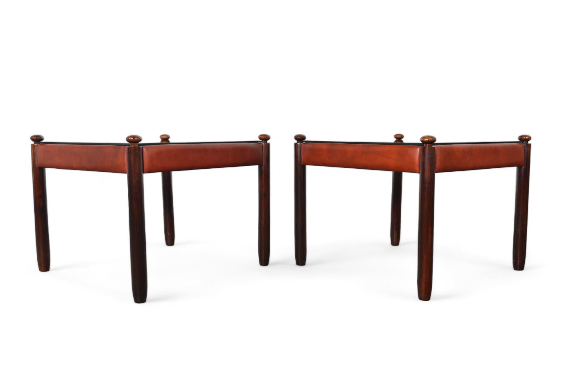Mid-Century Modern Pair of 1960s Leather, Glass and Rosewood Side Tables For Sale