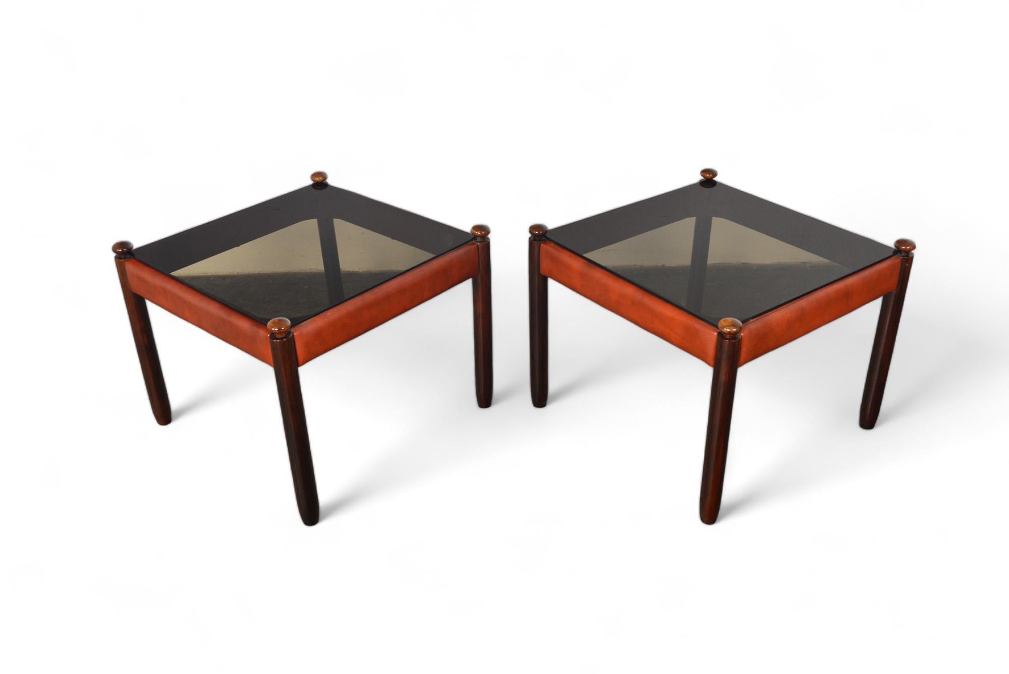 Pair of 1960s Leather, Glass and Rosewood Side Tables For Sale