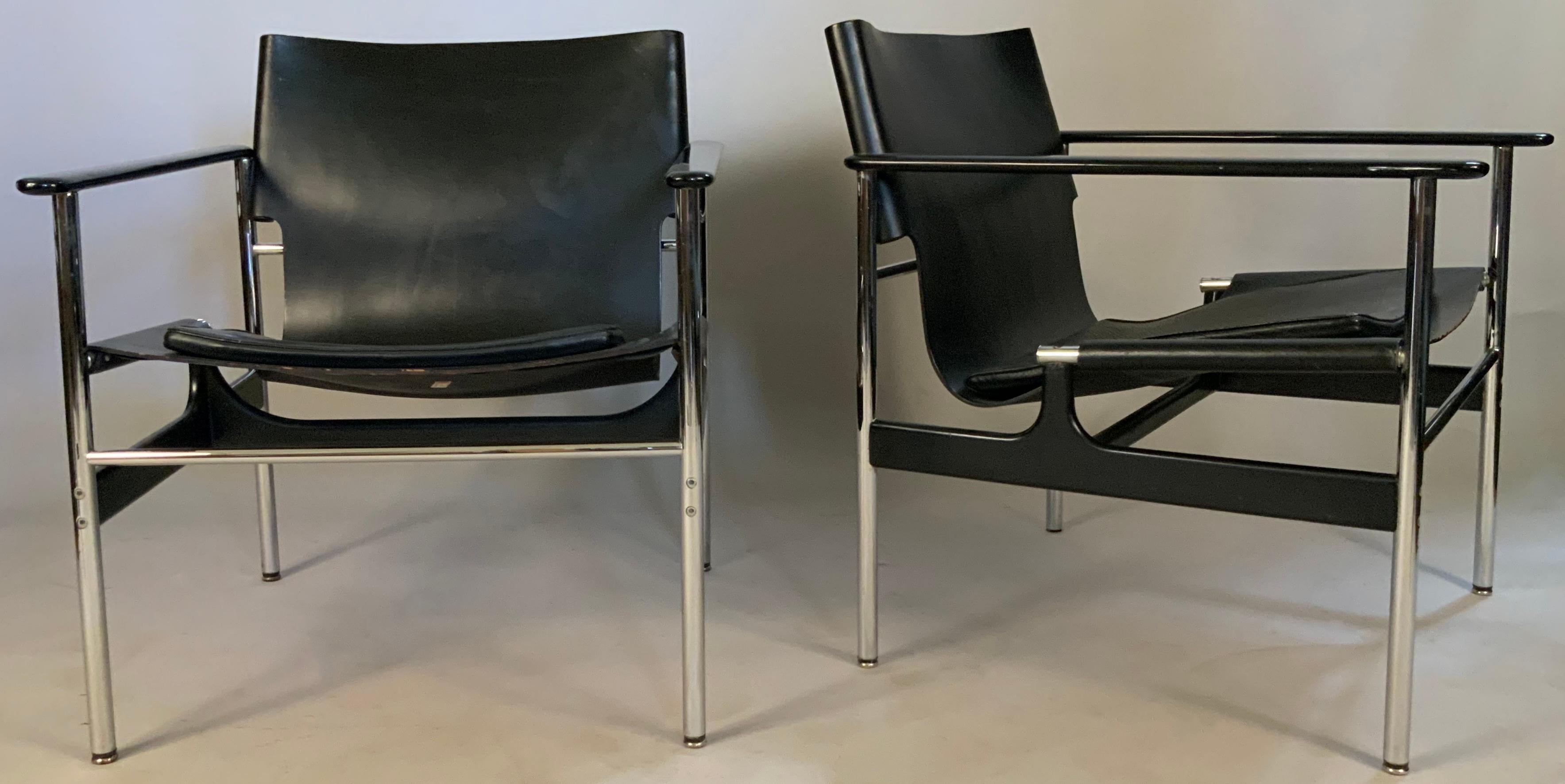 An exceptional vintage 1960's pair of leather lounge chairs designed by Charles Pollock for Knoll Associates. These early Knoll chairs are in excellent condition, with original saddle leather seats, and glove leather cushions. The frames are made