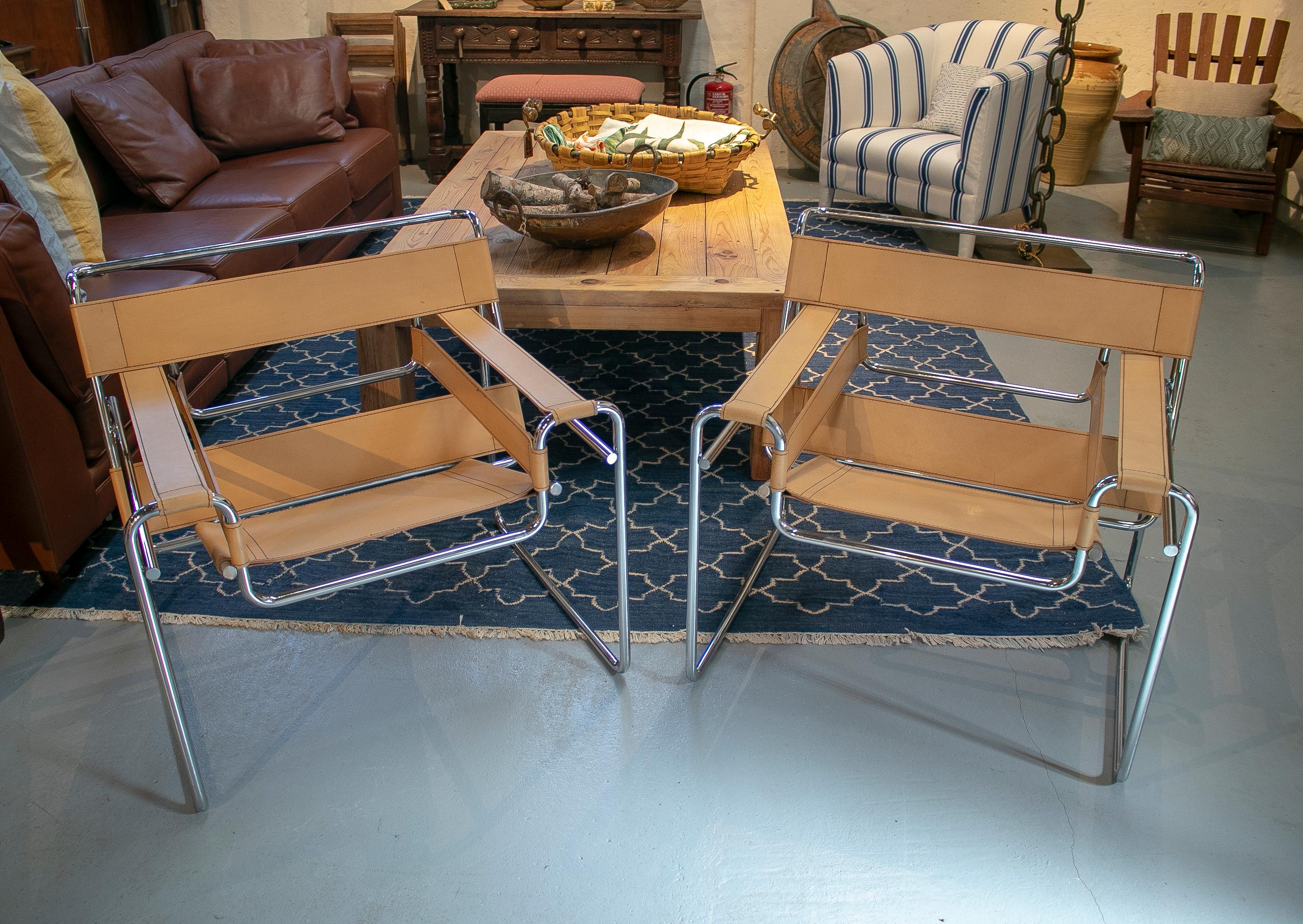 Pair of 1960s leather and stainless steel Wassily chairs by Marcel Breuer for Gavina.