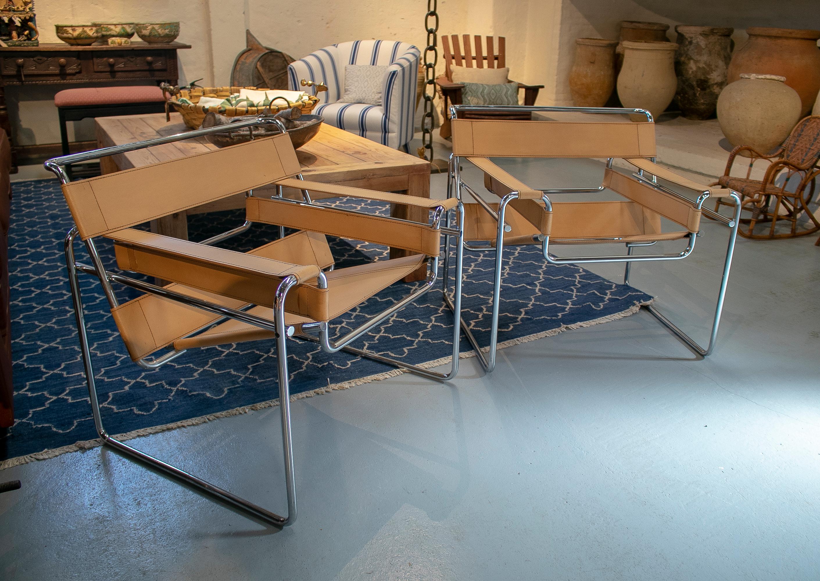 Spanish Pair of 1960s Leather & Stainless Wassily Chairs by Marcel Breuer for Gavina
