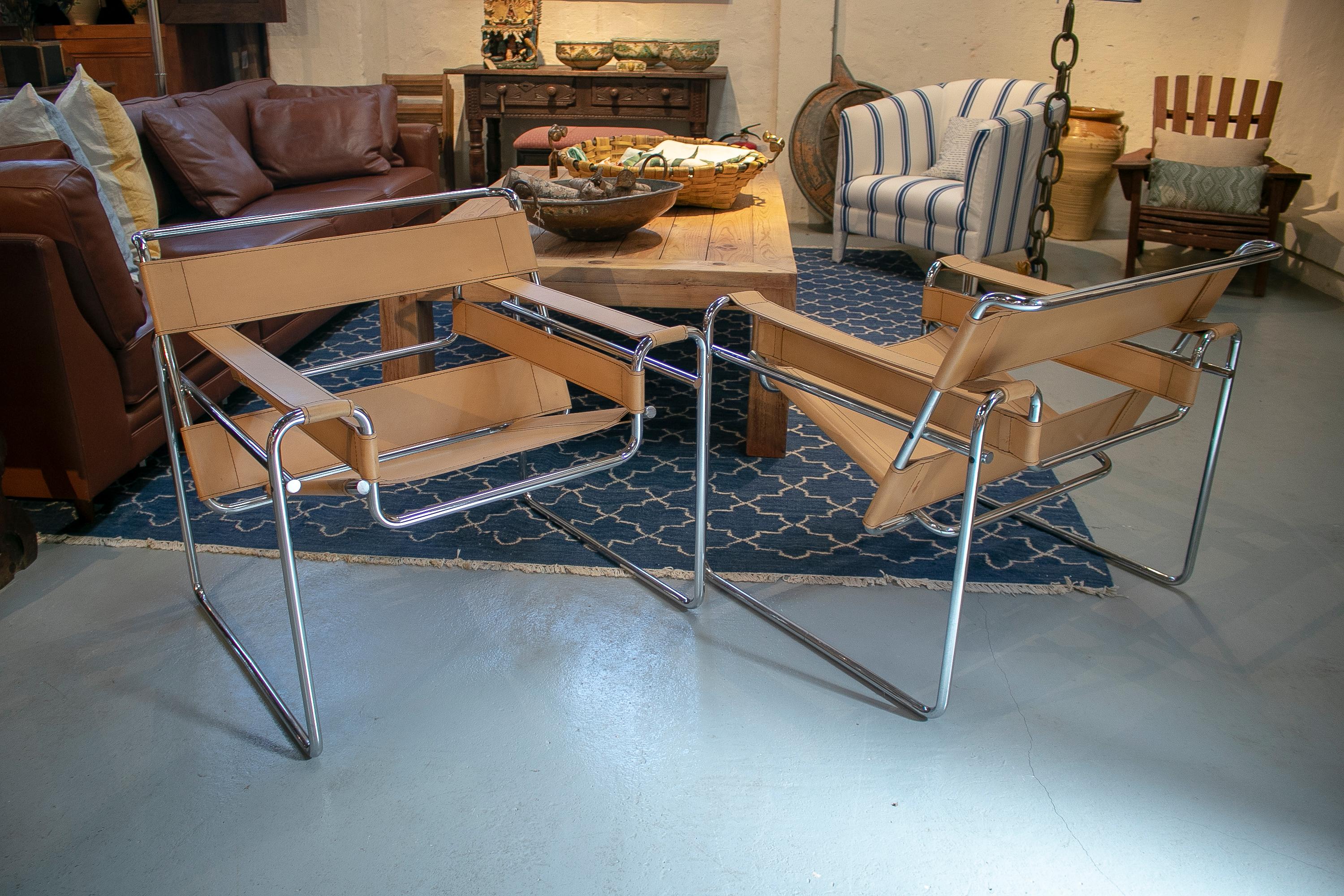 Mid-20th Century Pair of 1960s Leather & Stainless Wassily Chairs by Marcel Breuer for Gavina