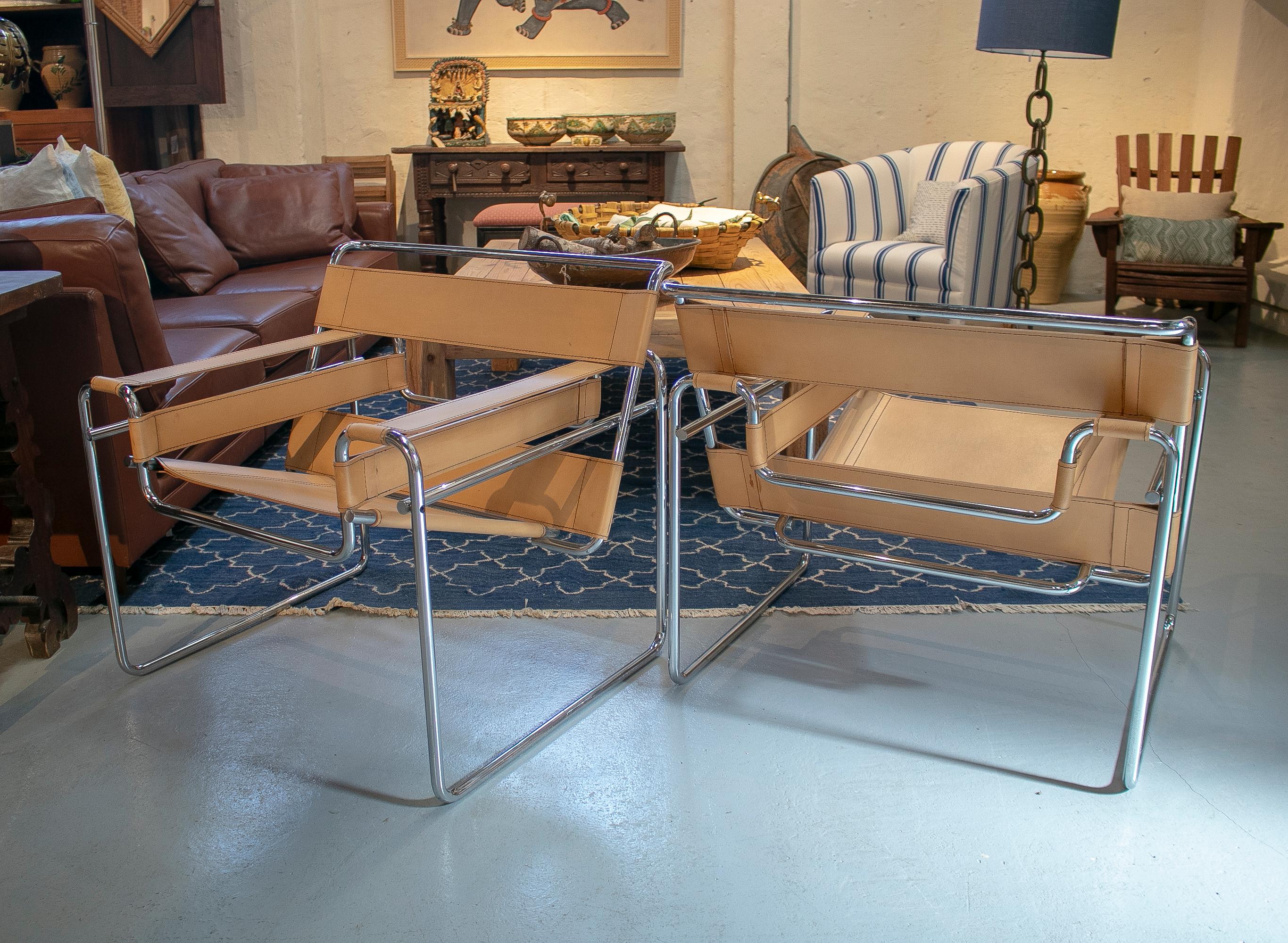 Stainless Steel Pair of 1960s Leather & Stainless Wassily Chairs by Marcel Breuer for Gavina