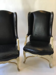 Pair of 1960s Lewis Mittman Leather French Style Wingback Chairs