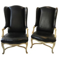 Pair of 1960s Lewis Mittman Leather French Style Wingback Chairs