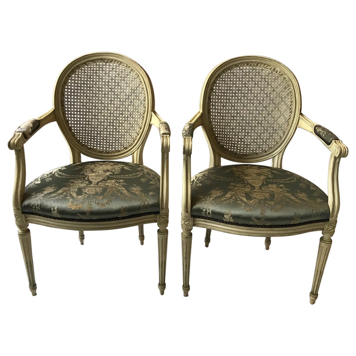 Pair of 1960s Louis XVI Caned Back Armchairs For Sale