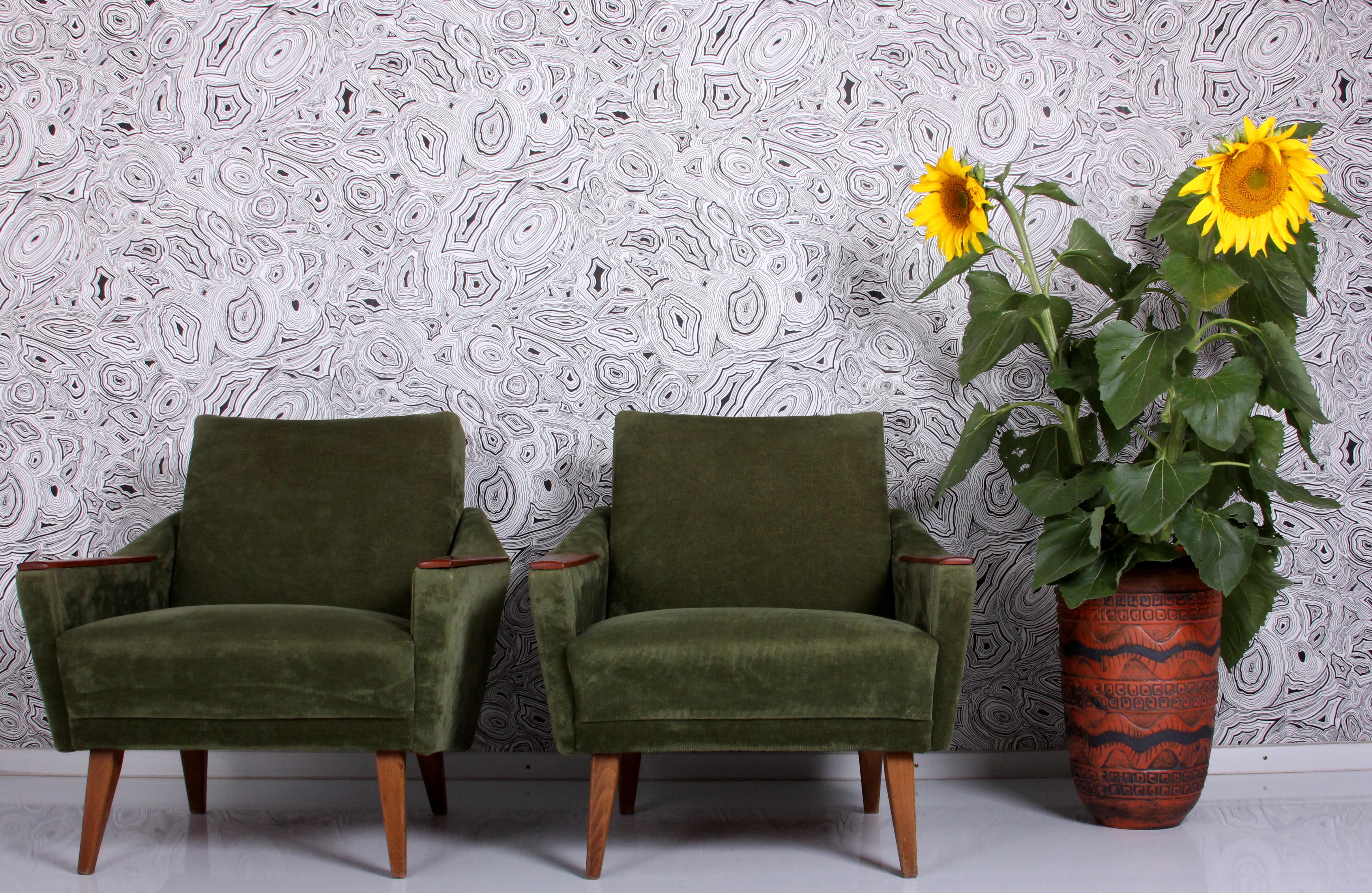 pair of 1960s lounge chairs green velvet - beech WG solid make uph. easy chairs  For Sale 3