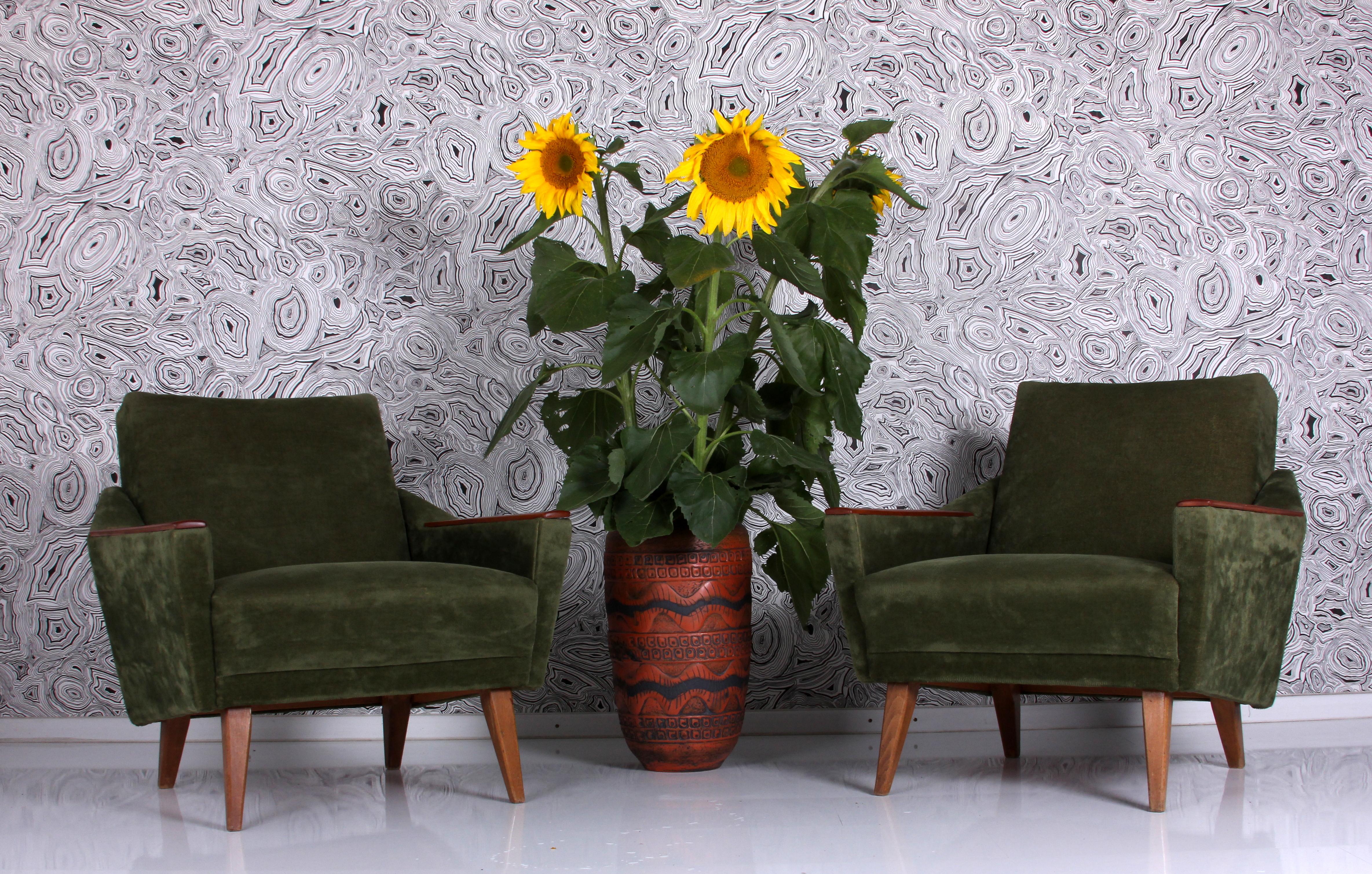 German pair of 1960s lounge chairs green velvet - beech WG solid make uph. easy chairs  For Sale