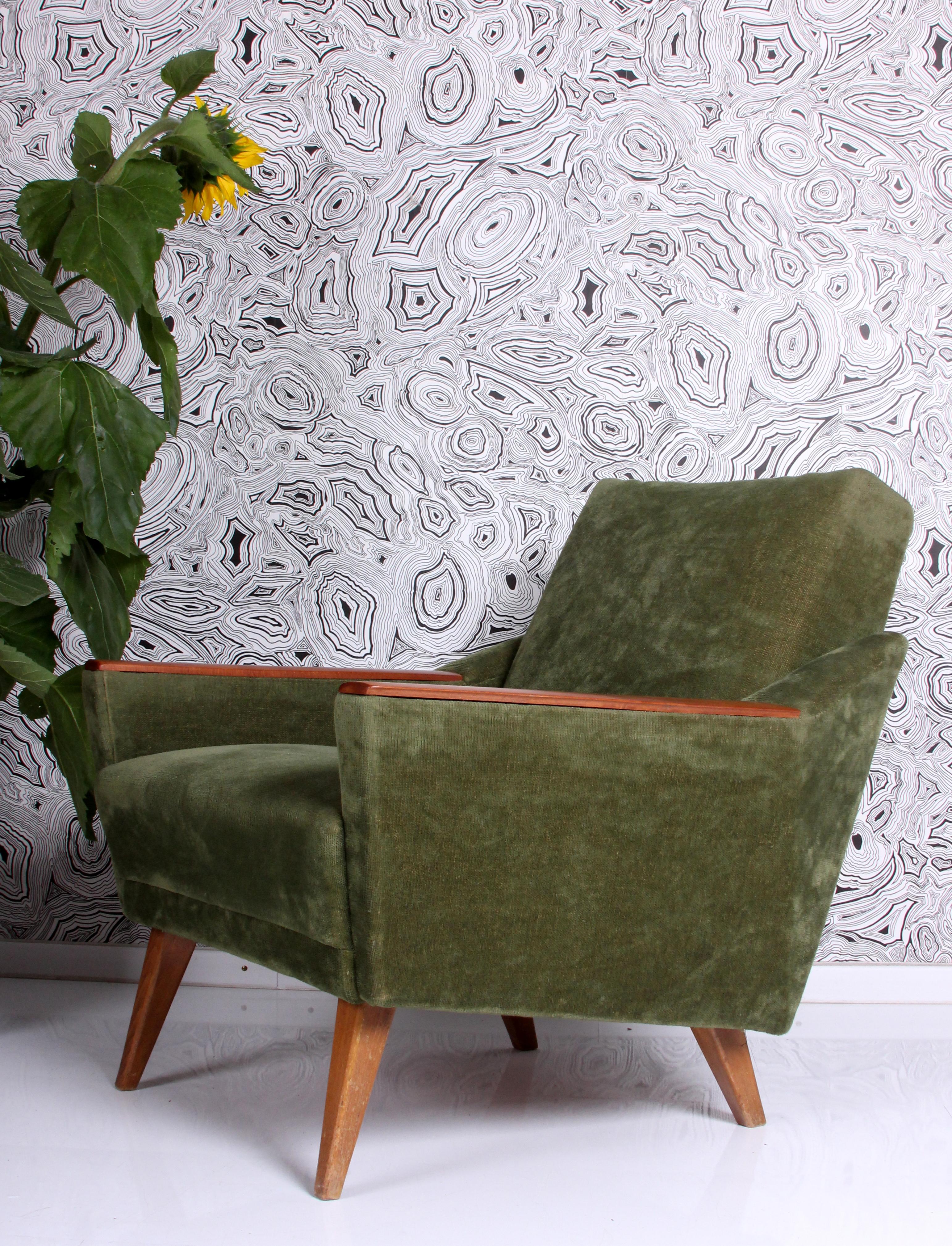Beech pair of 1960s lounge chairs green velvet - beech WG solid make uph. easy chairs  For Sale