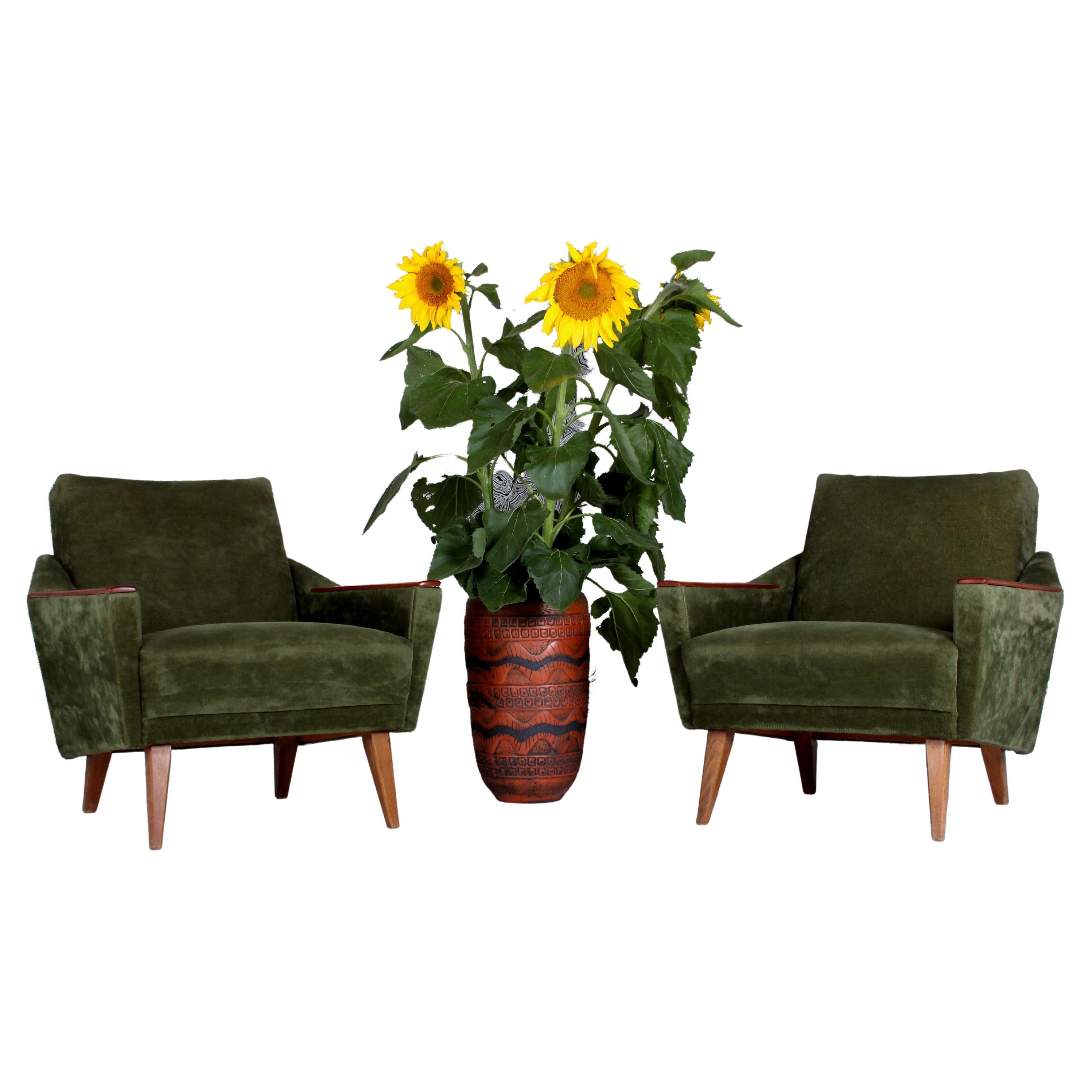 pair of 1960s lounge chairs green velvet - beech WG solid make uph. easy chairs  For Sale