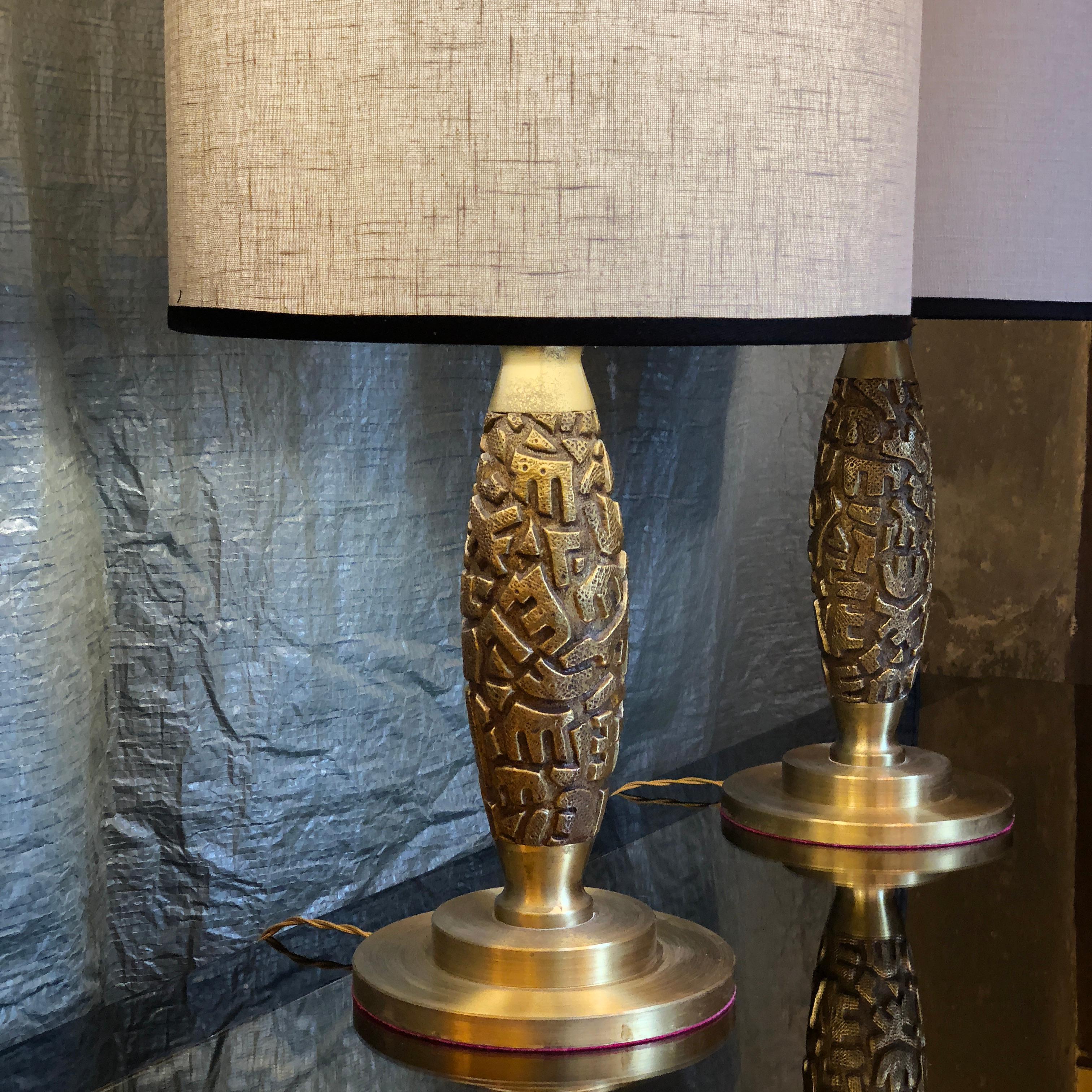 Mid-Century Modern Pair of 1960s Luciano Frigerio Tribute to Capogrossi Brass & Bronze Table Lamps